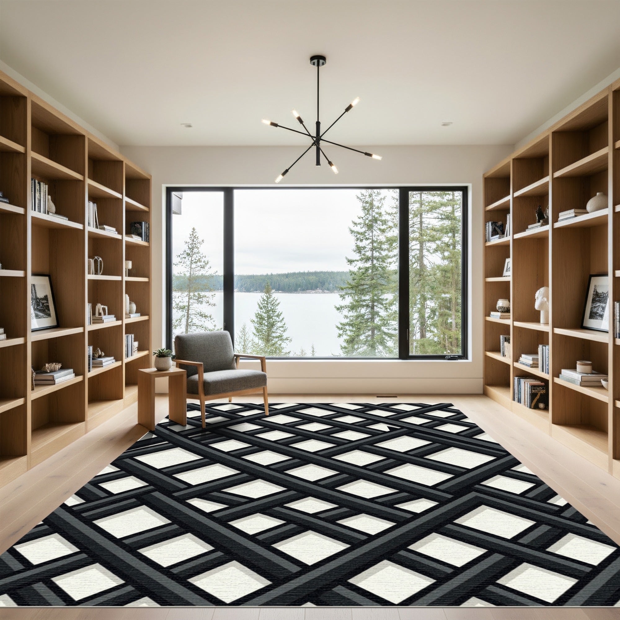 Sophisticated Black and White Lattice Grid Rug