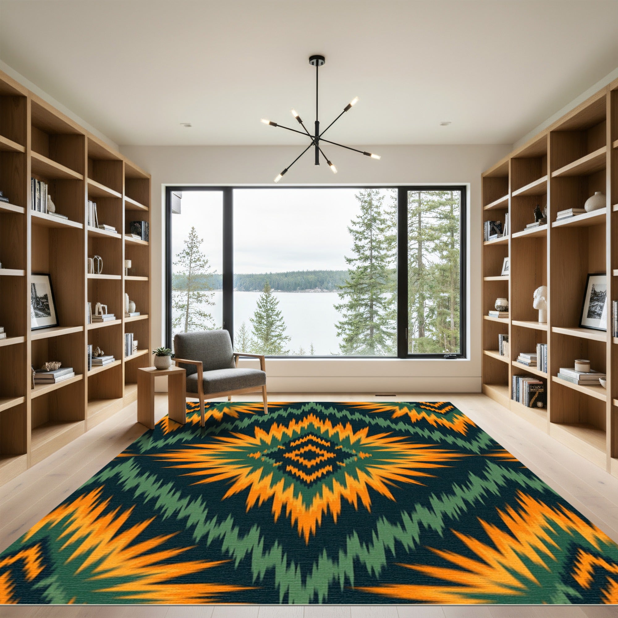 Vibrant Orange Teal Sunburst Ikat Rug