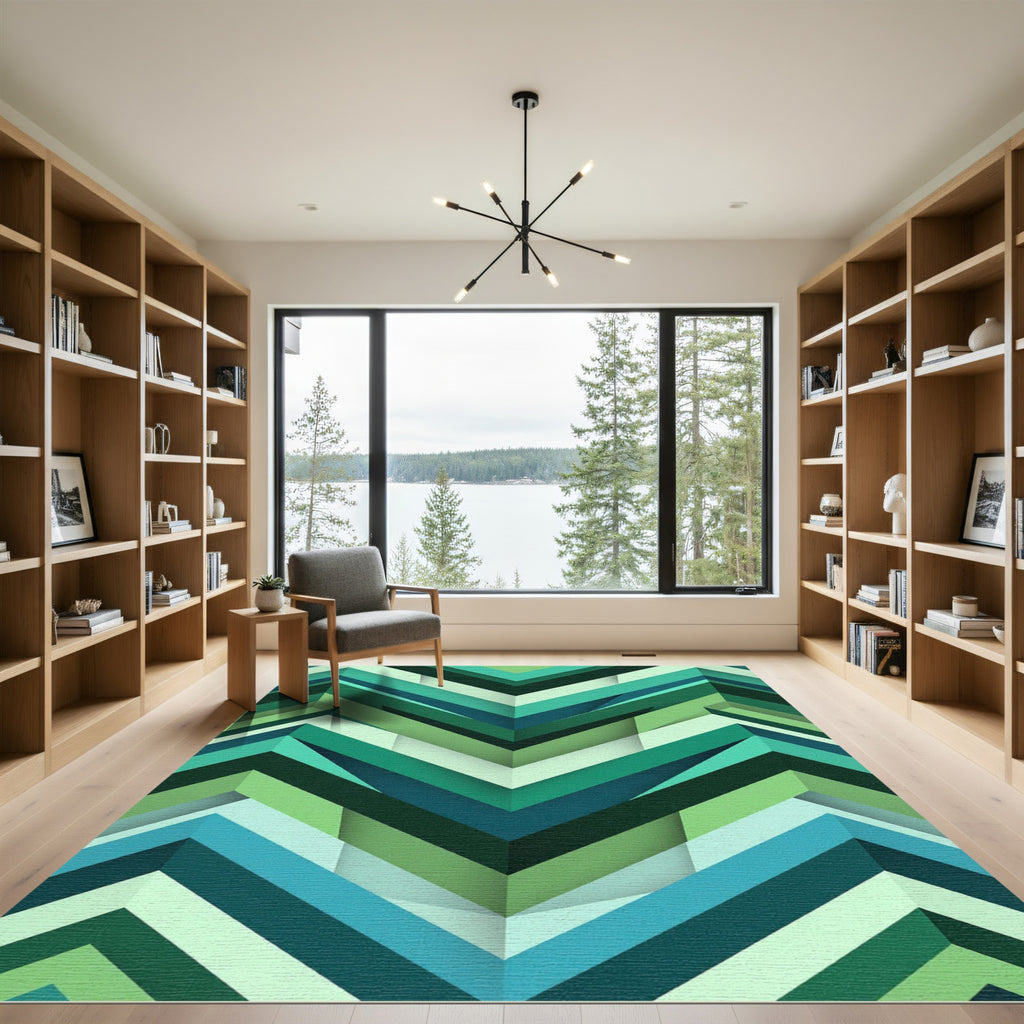Modern Emerald Geometric Chevron Layered Art Rug