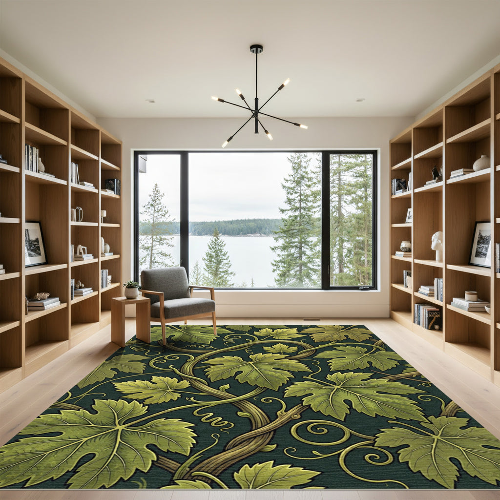 Lush Green Botanical Grape Vine Art Rug