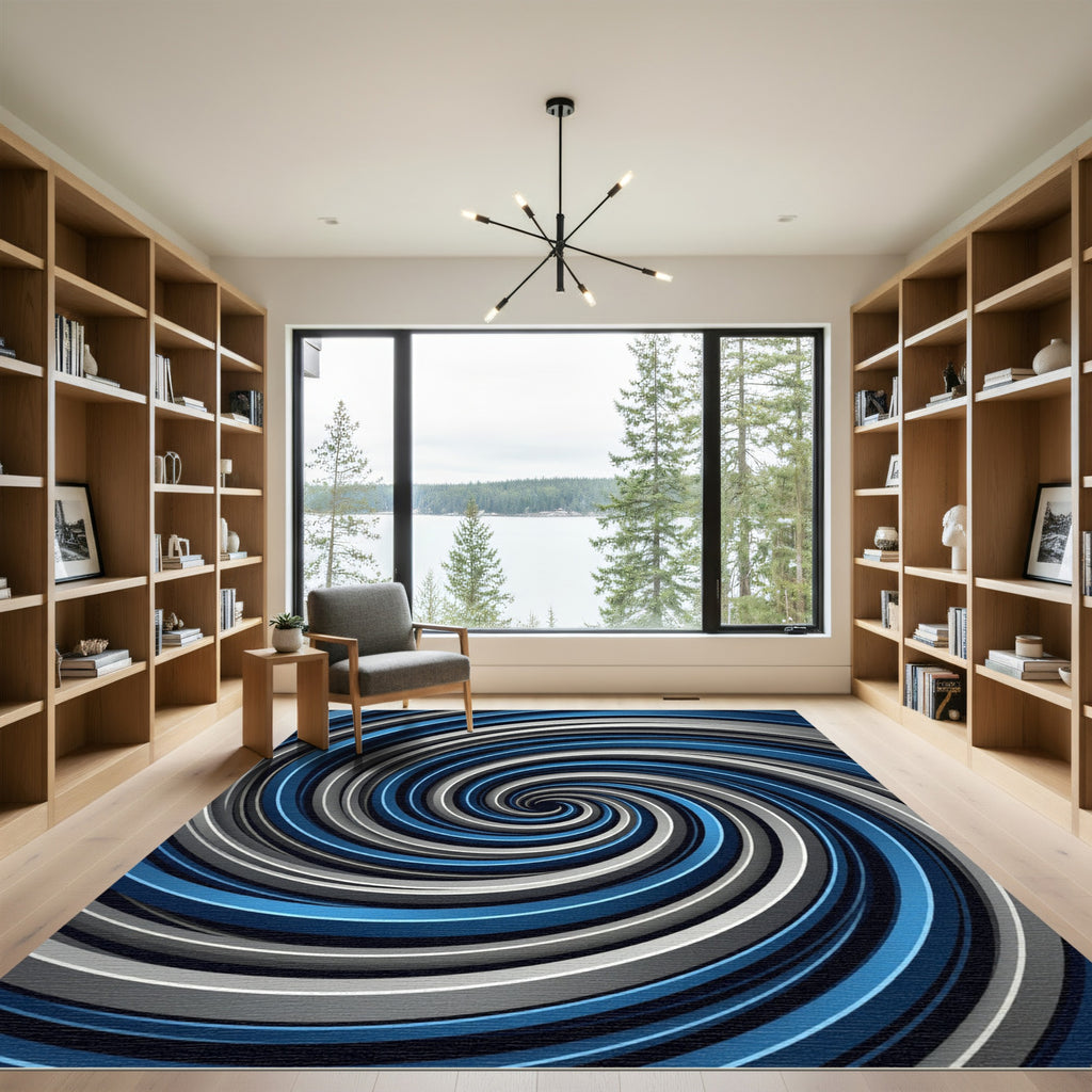 Modern Blue and Silver Swirl Spiral Rug