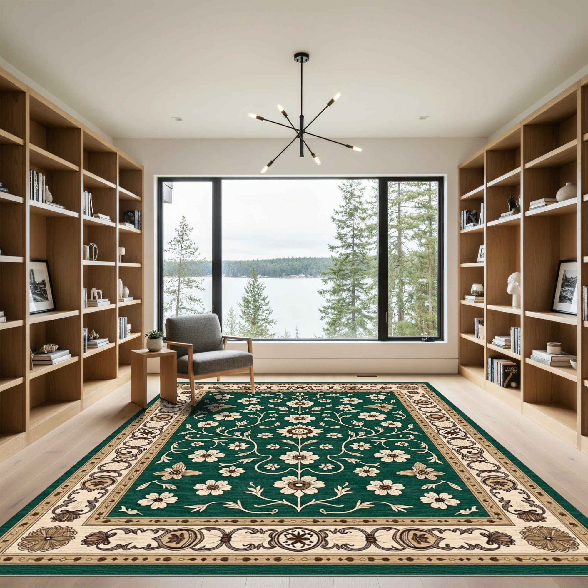 Emerald Green Floral Vine Border Rug