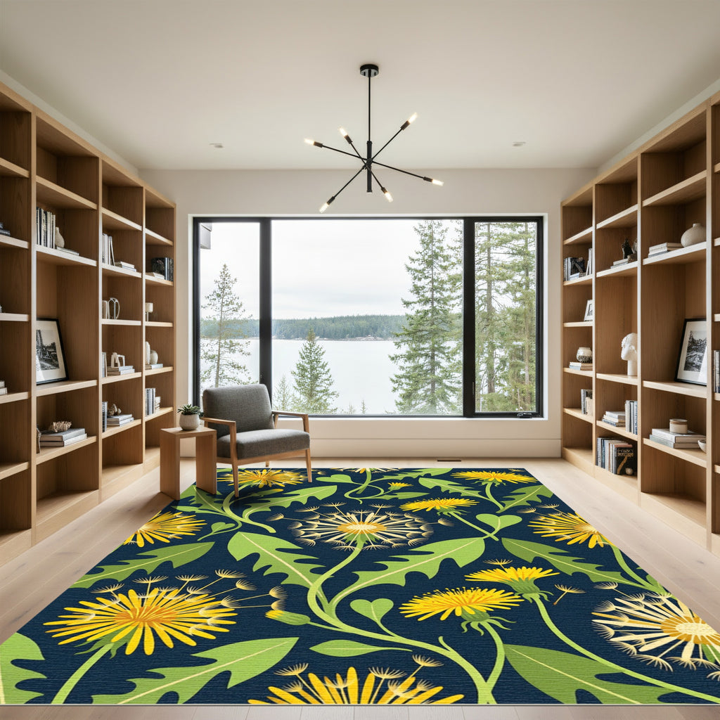 Yellow Dandelion Botanical Midnight Blue Rug