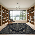 Ornate Charcoal Silver Floral Medallion Rug