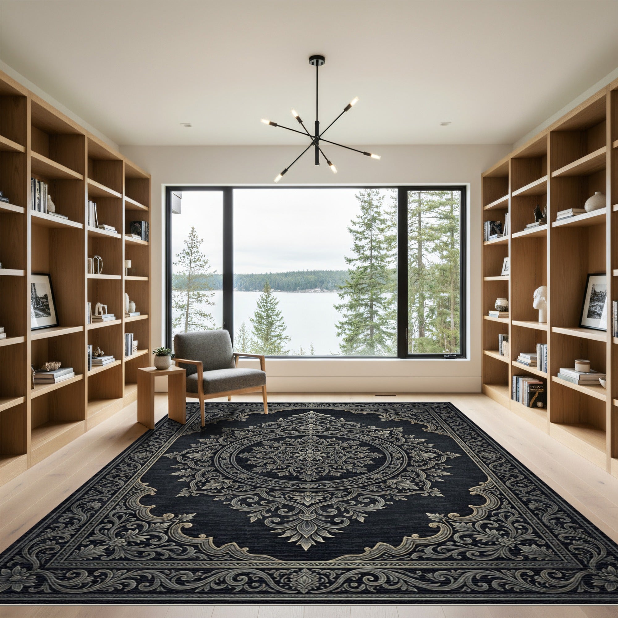 Ornate Charcoal Silver Floral Medallion Rug