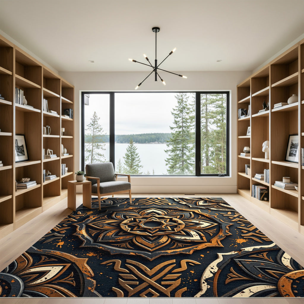 Metallic Gold and Charcoal Floral Medallion Rug