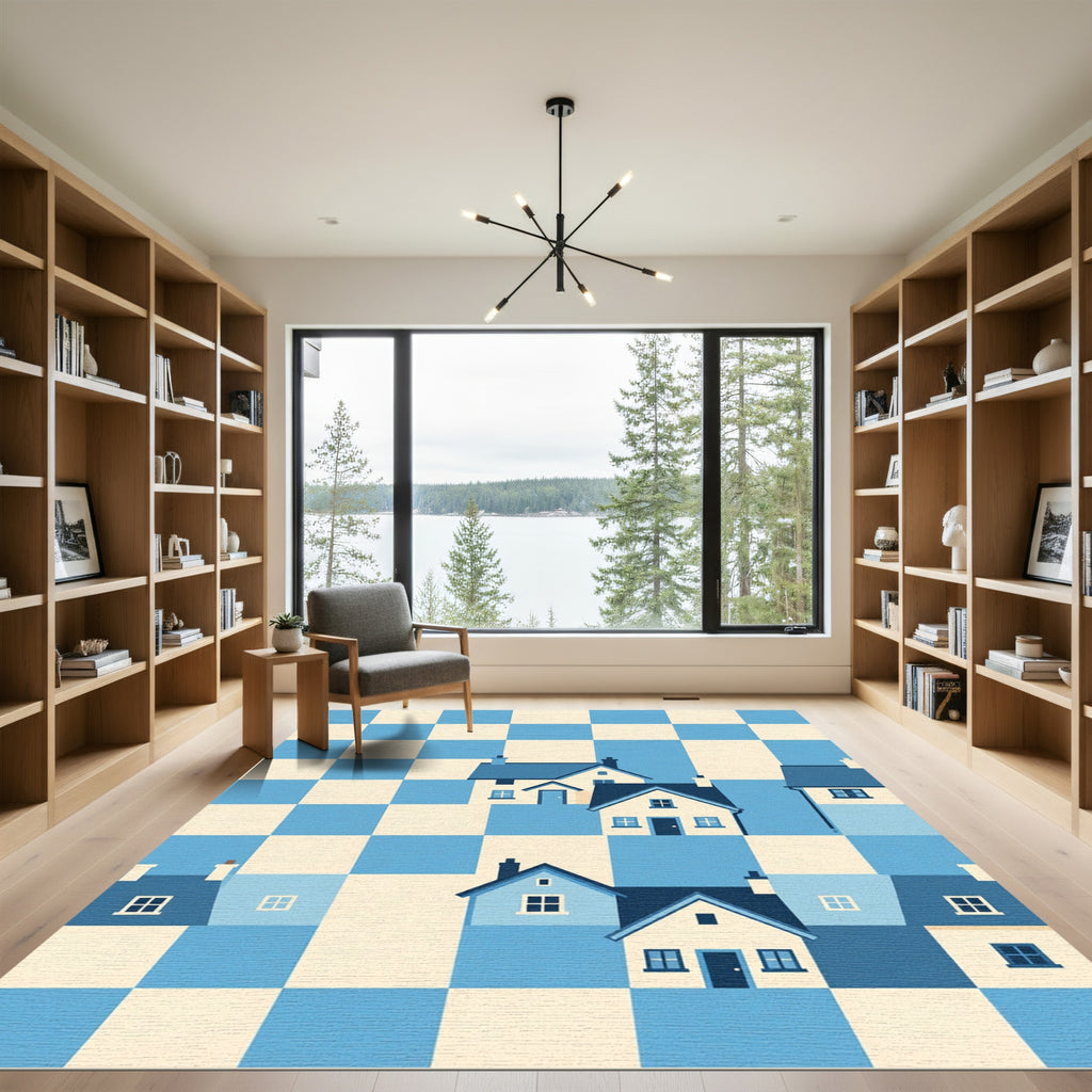 Blue and Cream Whimsical House Grid Rug