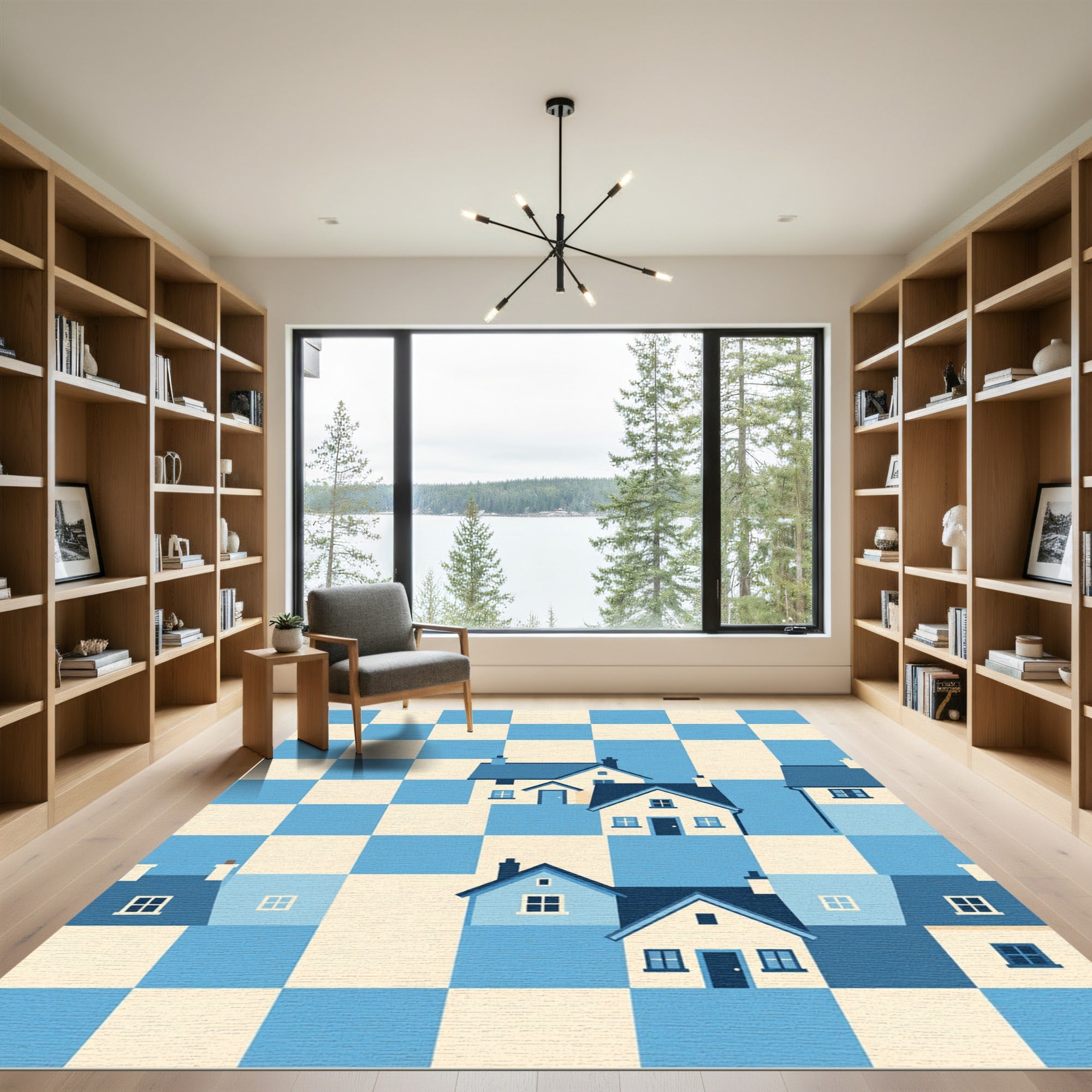 Blue and Cream Whimsical House Grid Rug