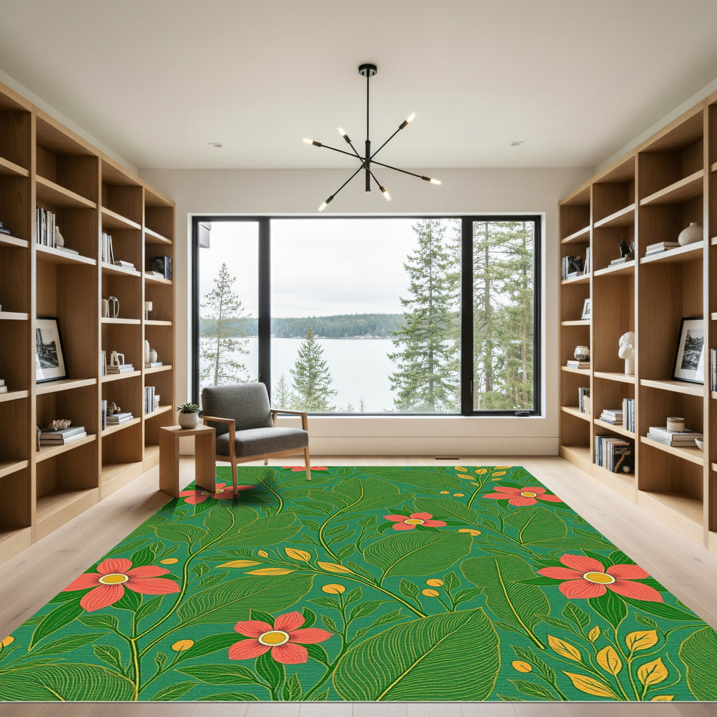 Vibrant Coral Floral Green Leaf Jungle Rug