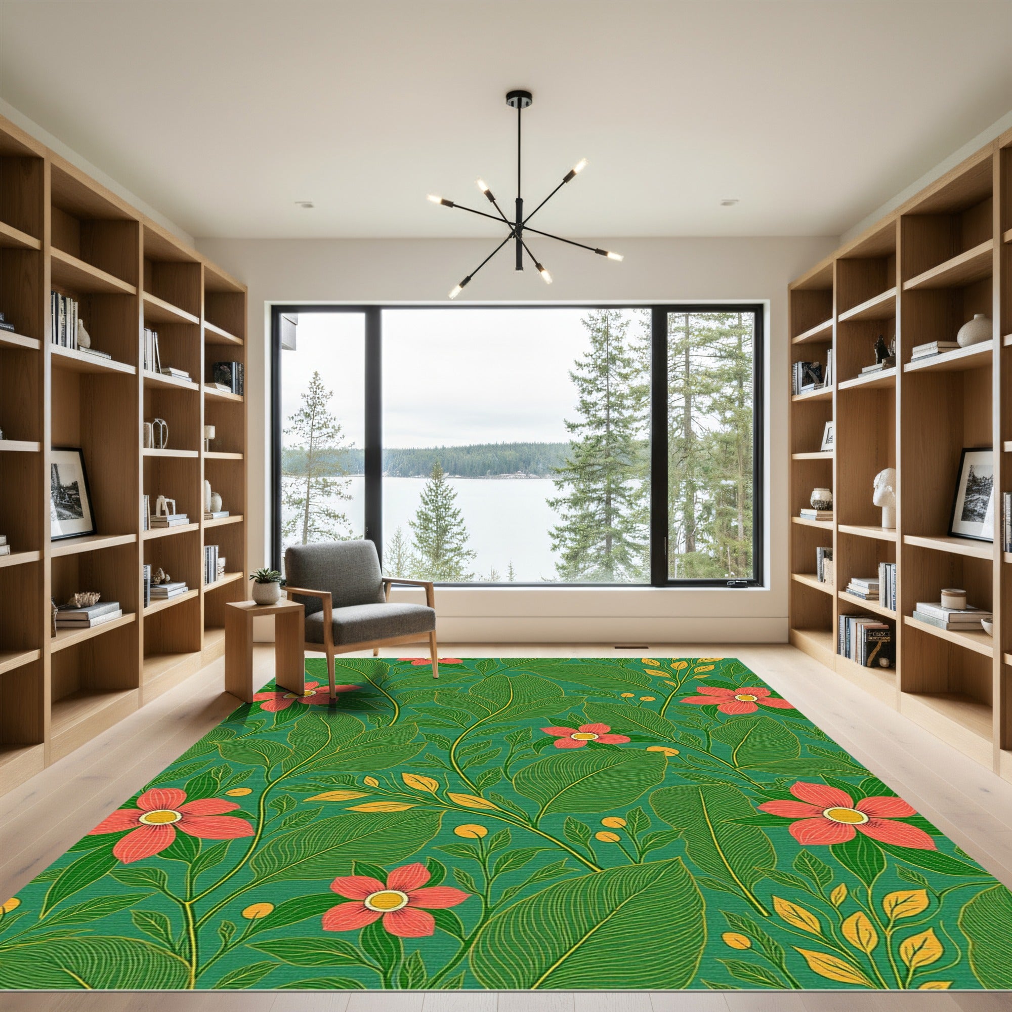 Vibrant Coral Floral Green Leaf Jungle Rug