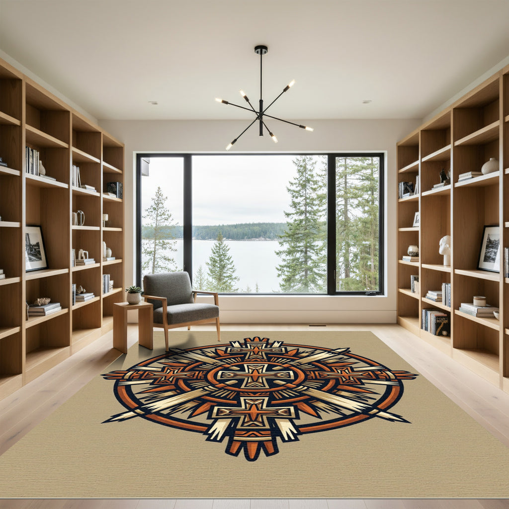 Bronze Orange Cross Sunburst Mandala Rug