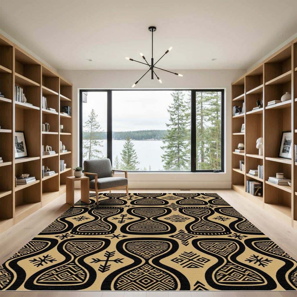 Geometric Gold and Black Tribal Hourglass Rug