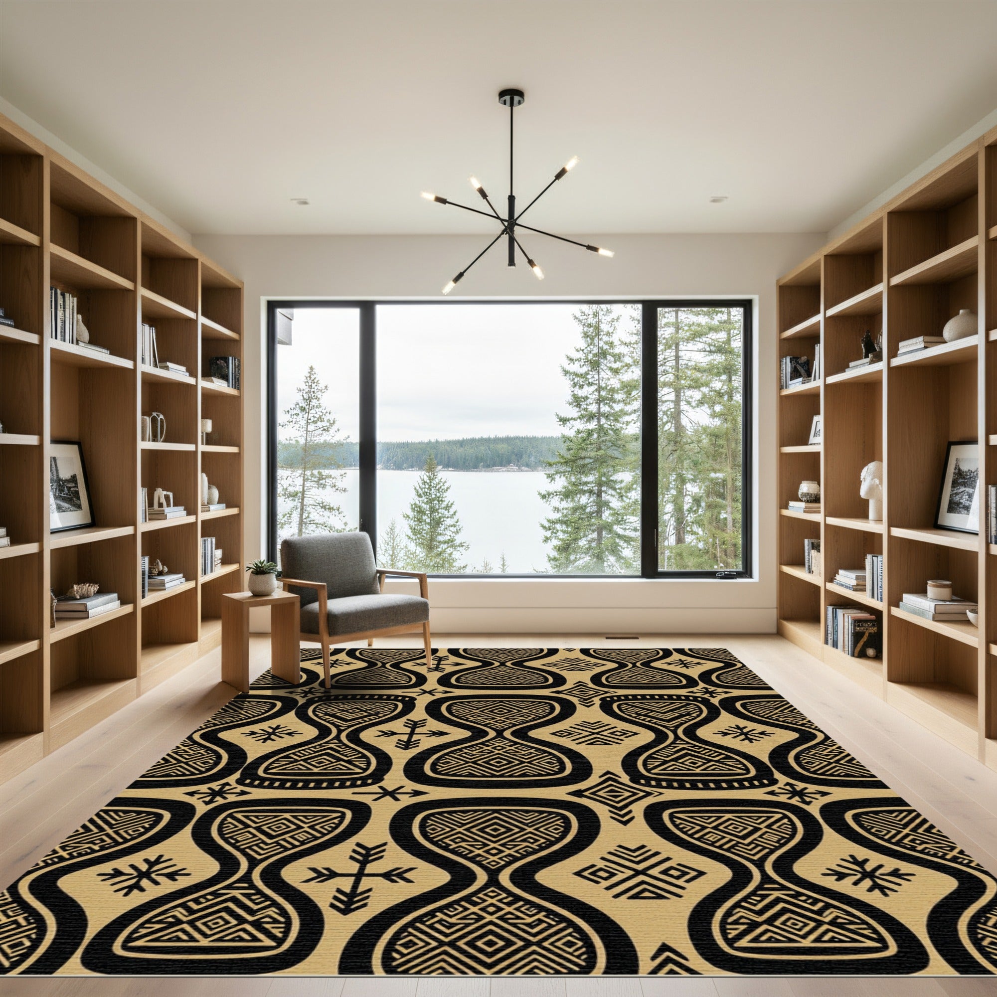 Geometric Gold and Black Tribal Hourglass Rug