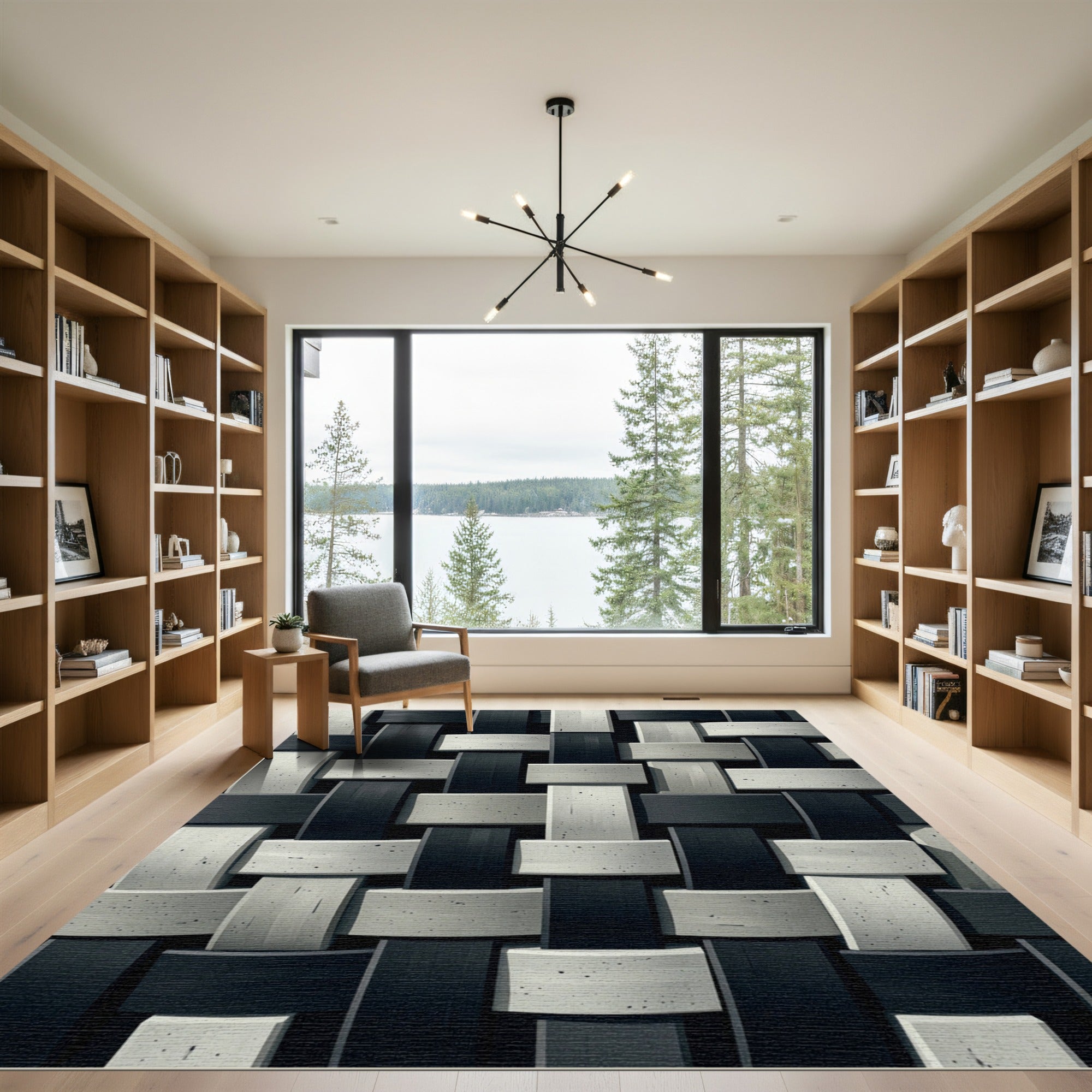 Monochrome Interwoven Black and Gray Woven Rug