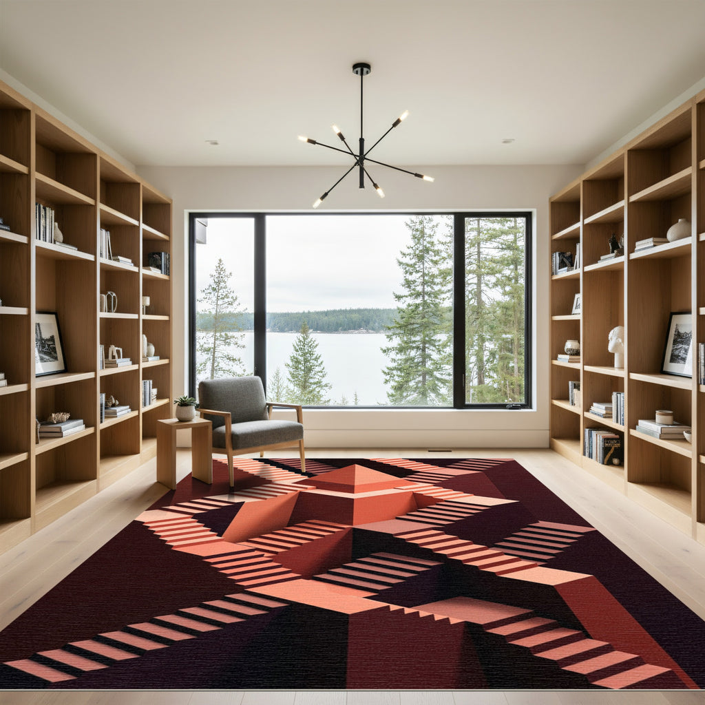 Coral Geometric Escher Staircase Illusion Rug