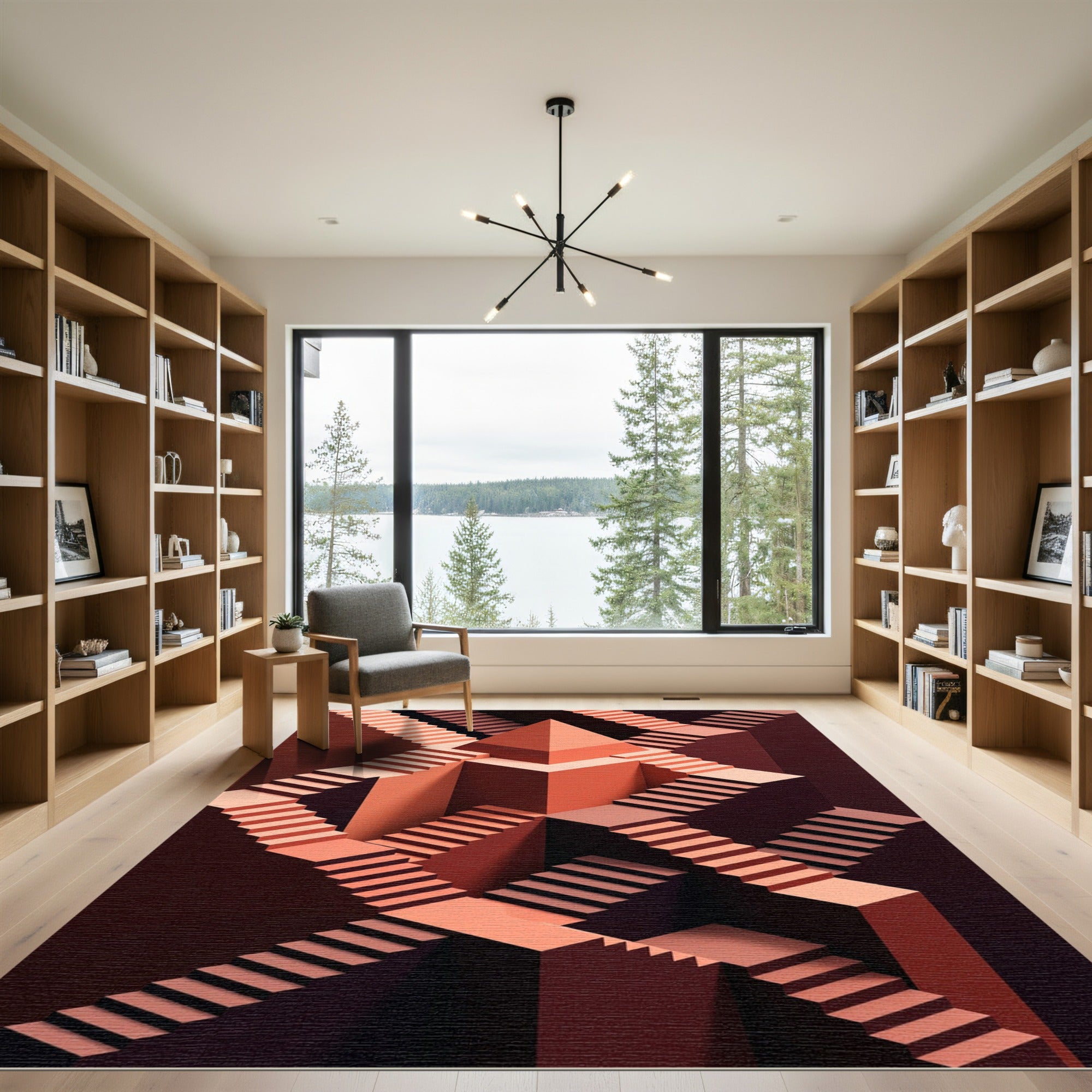 Coral Geometric Escher Staircase Illusion Rug