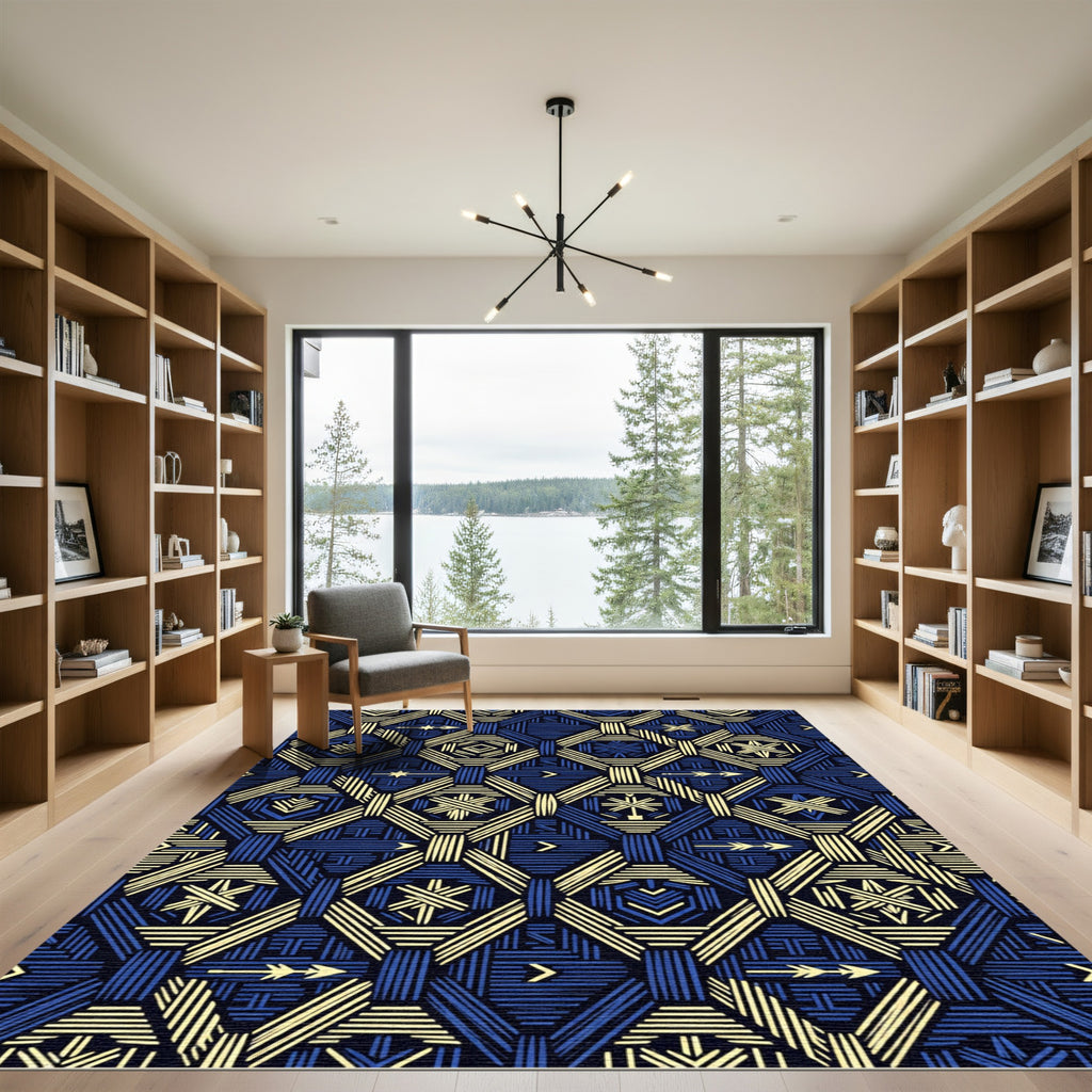 Navy and Gold Geometric Arrow Weave Rug