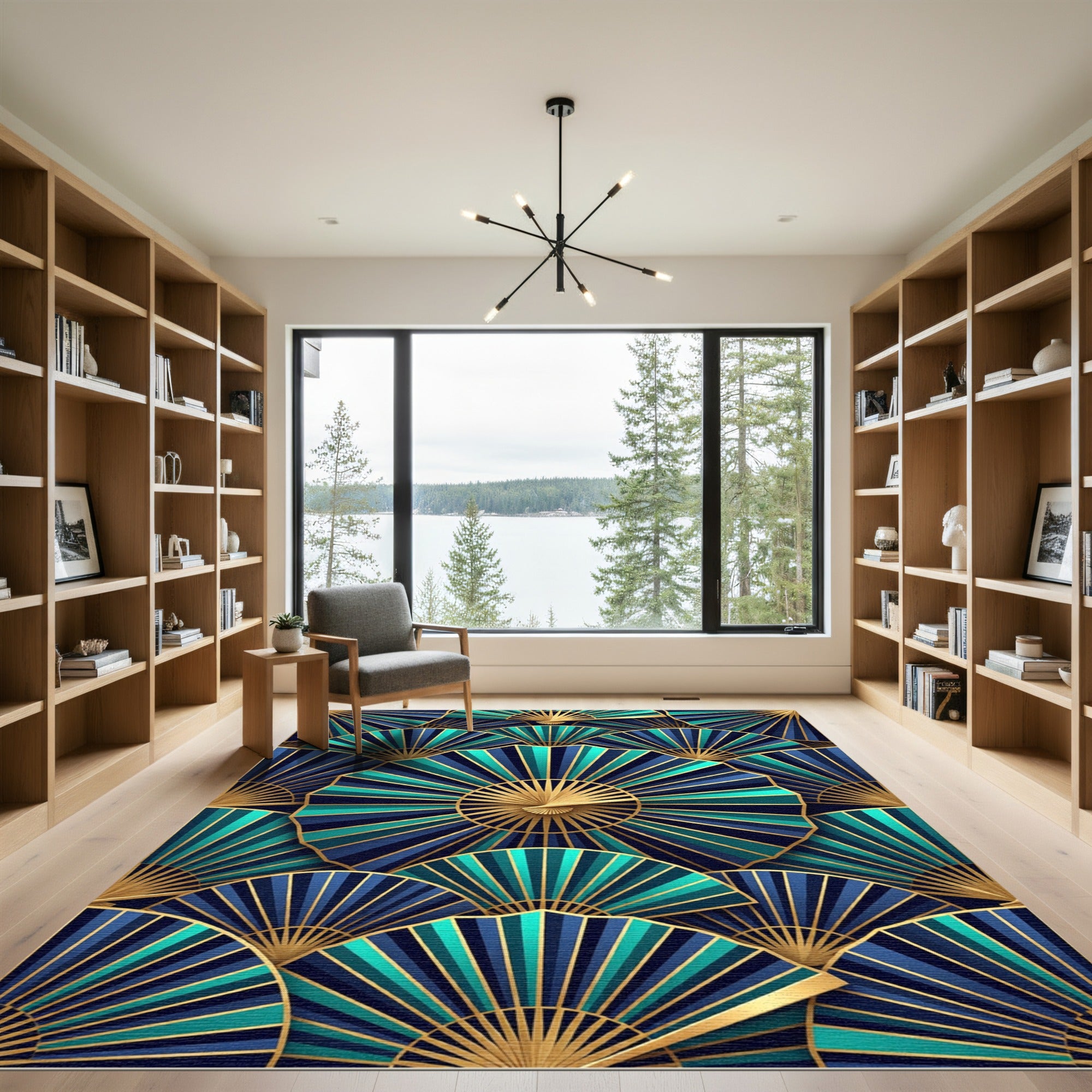 Art Deco Gold and Teal Fan Rug
