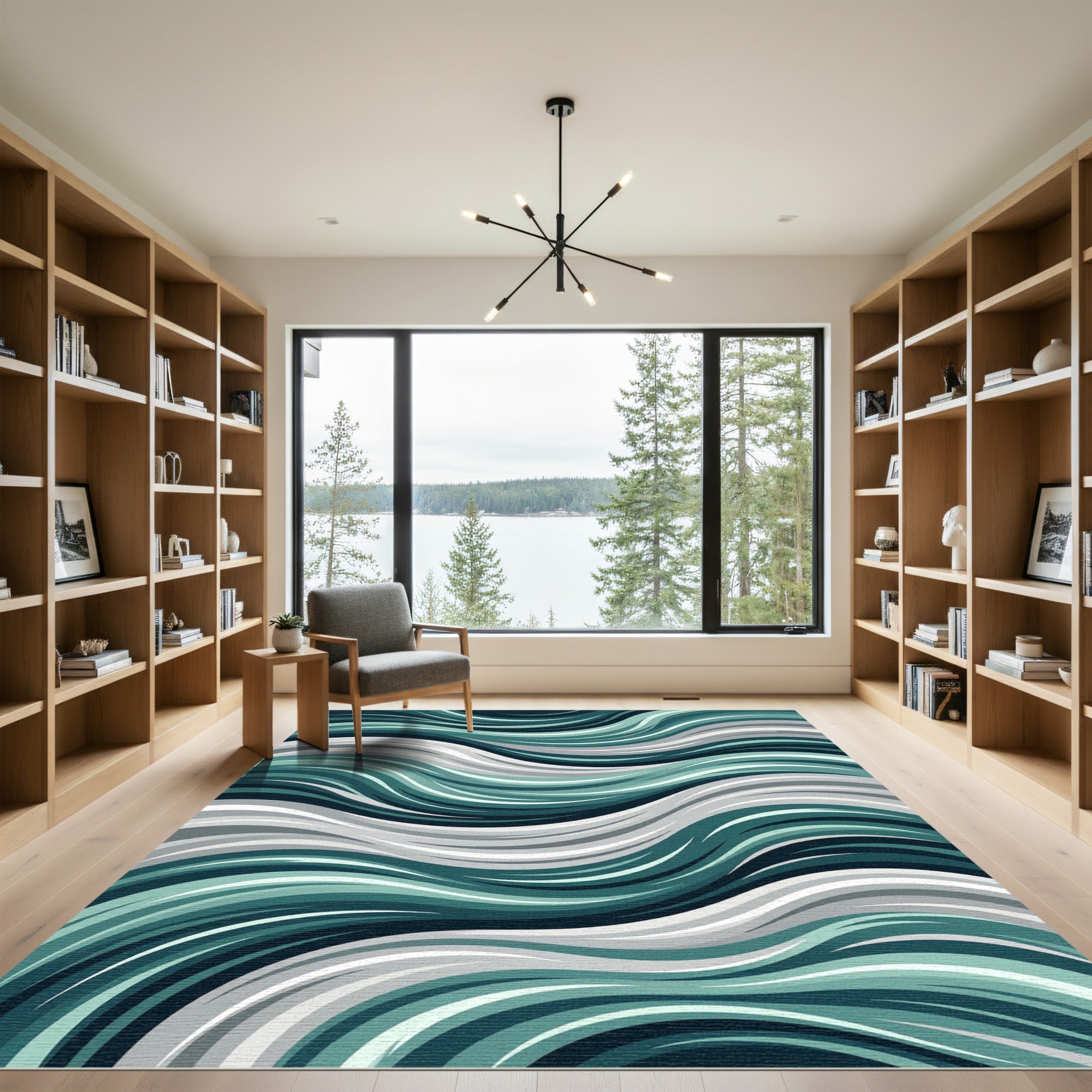 Teal Gray White Swirl Wave Rug