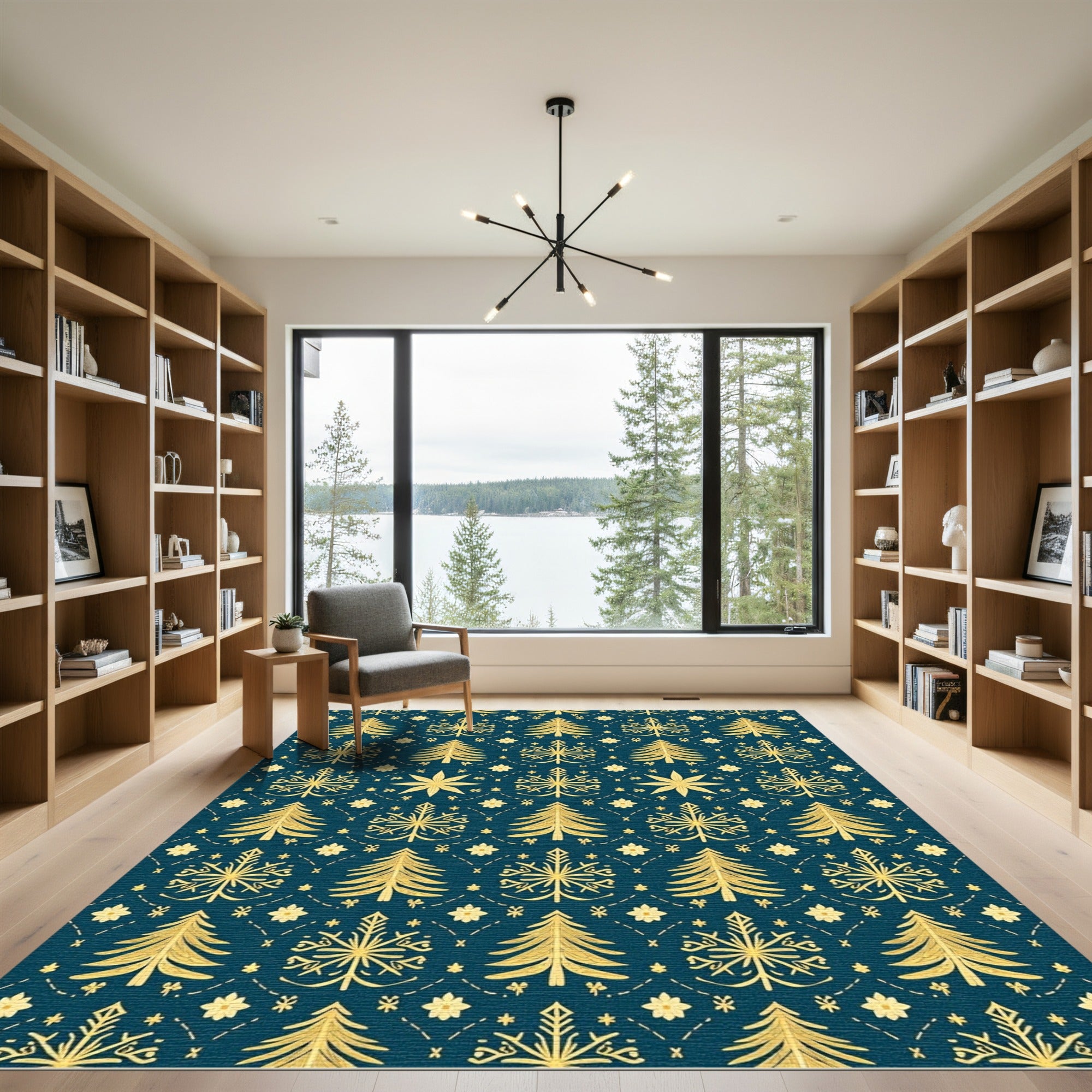Golden Pine Snowflake Repeating Pattern Rug