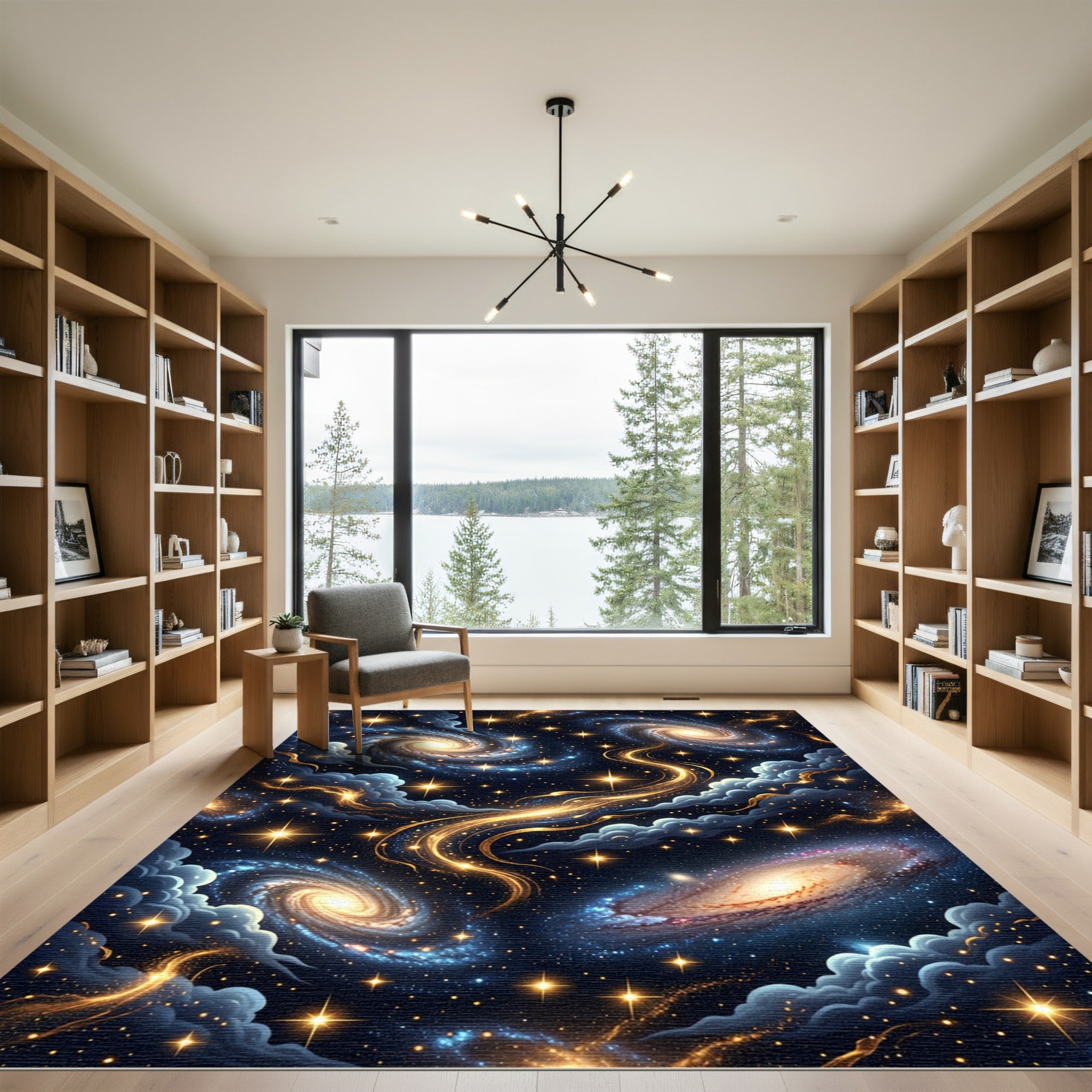 Golden Celestial Galaxy Swirls Rug