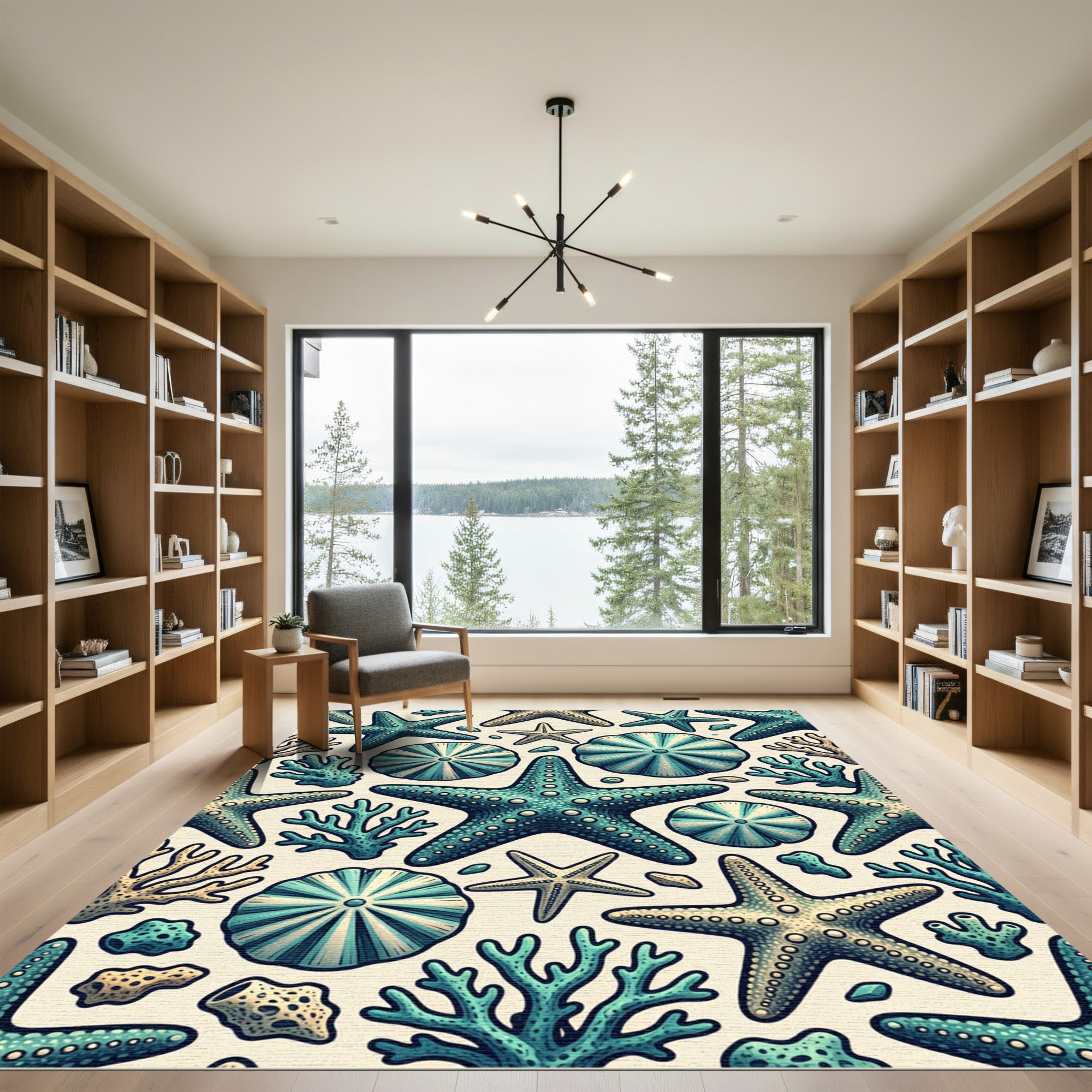 Coastal Teal Starfish Coral Scene Rug