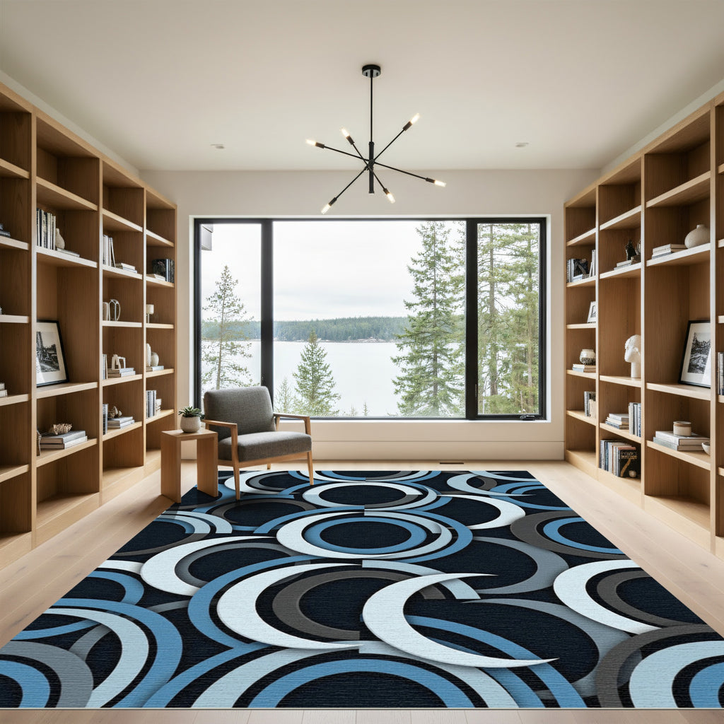 Modern Abstract Blue Gray Geometric Circles Rug