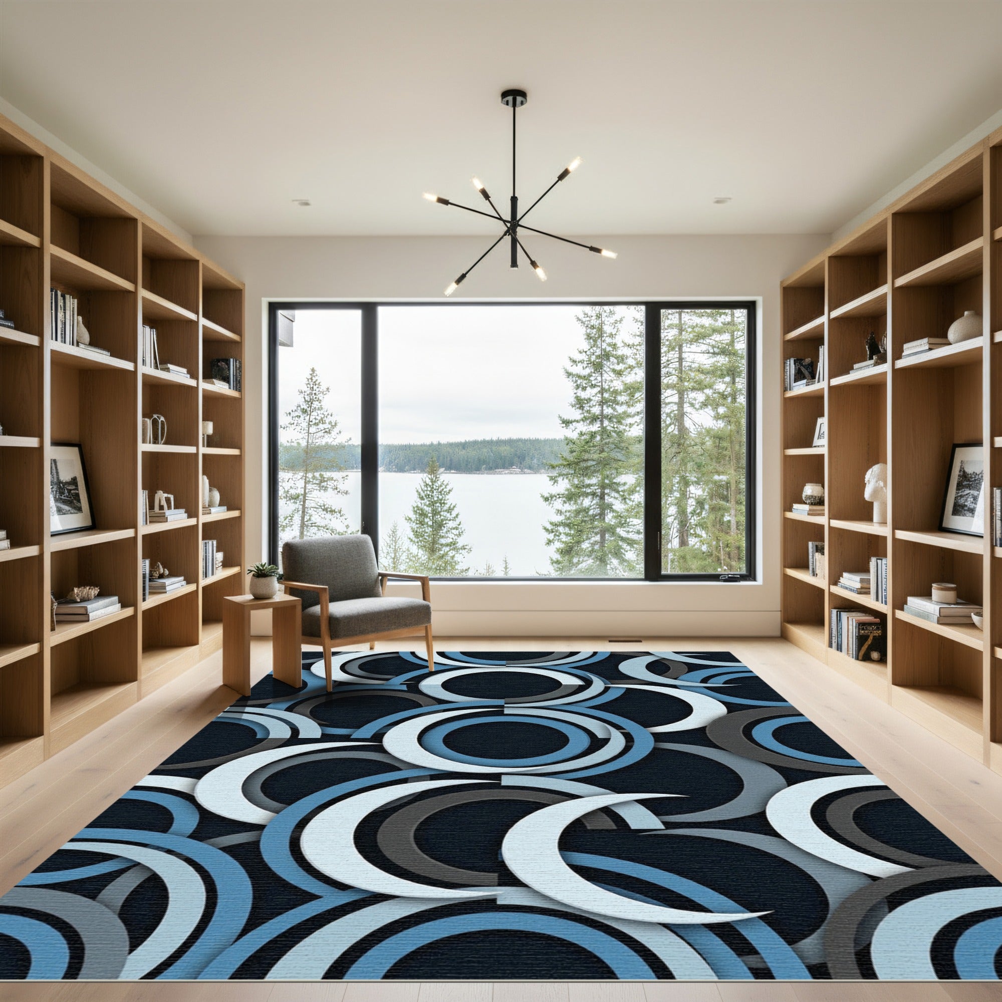 Modern Abstract Blue Gray Geometric Circles Rug
