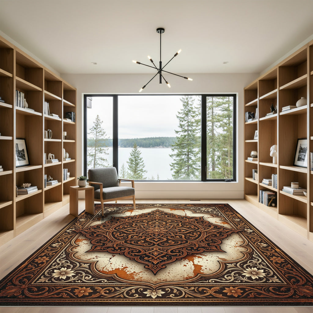 Ornate Brown Golden Floral Medallion Rug