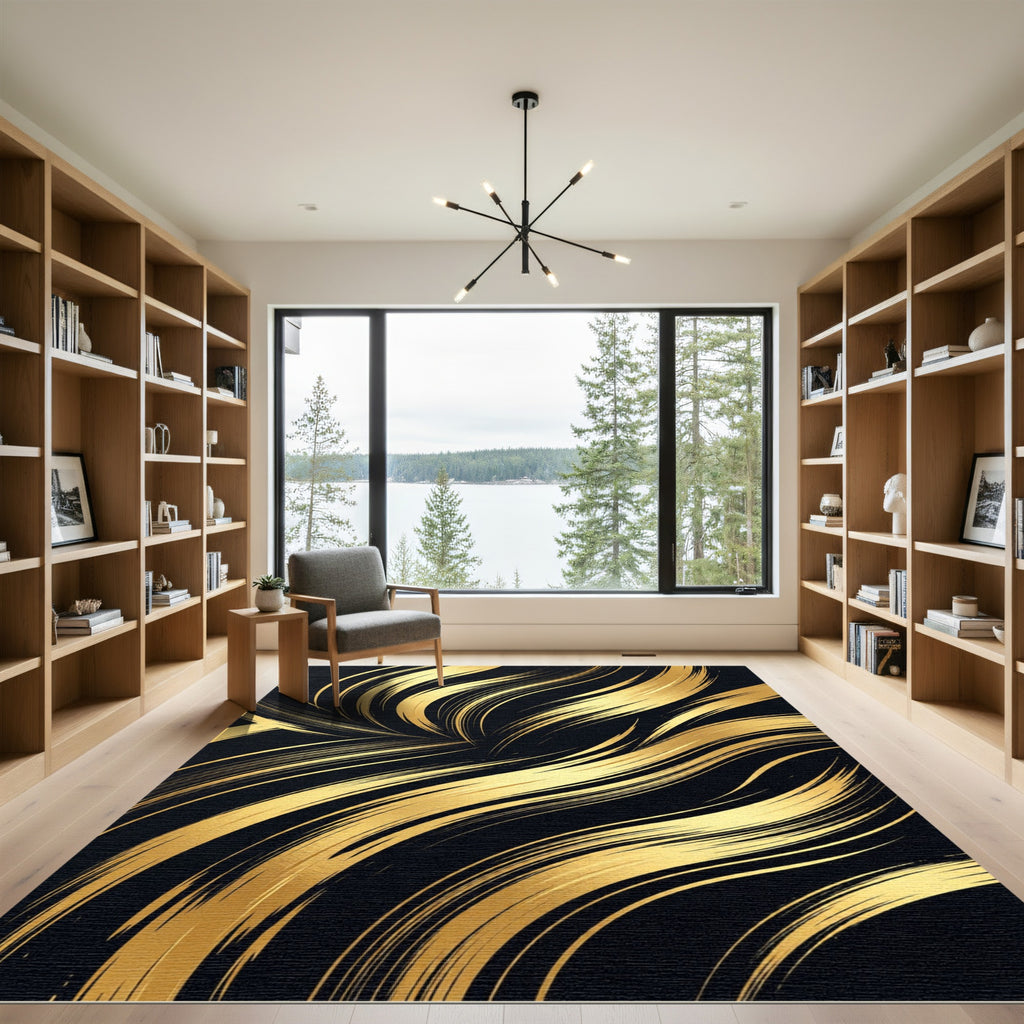 Elegant Black Gold Swirl Ribbons Rug