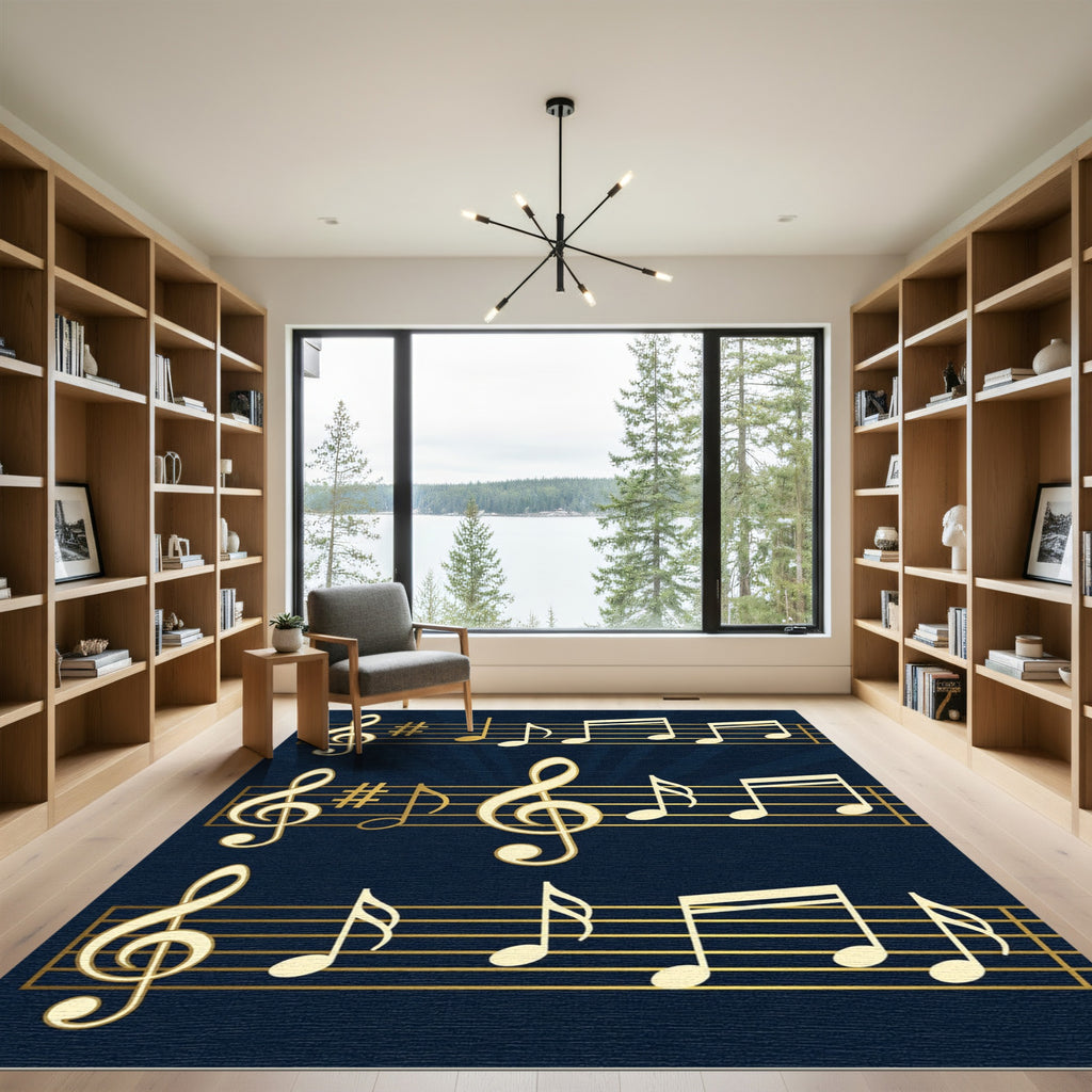 Golden Musical Notes on Navy Blue Rug