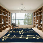 Golden Musical Notes on Navy Blue Rug