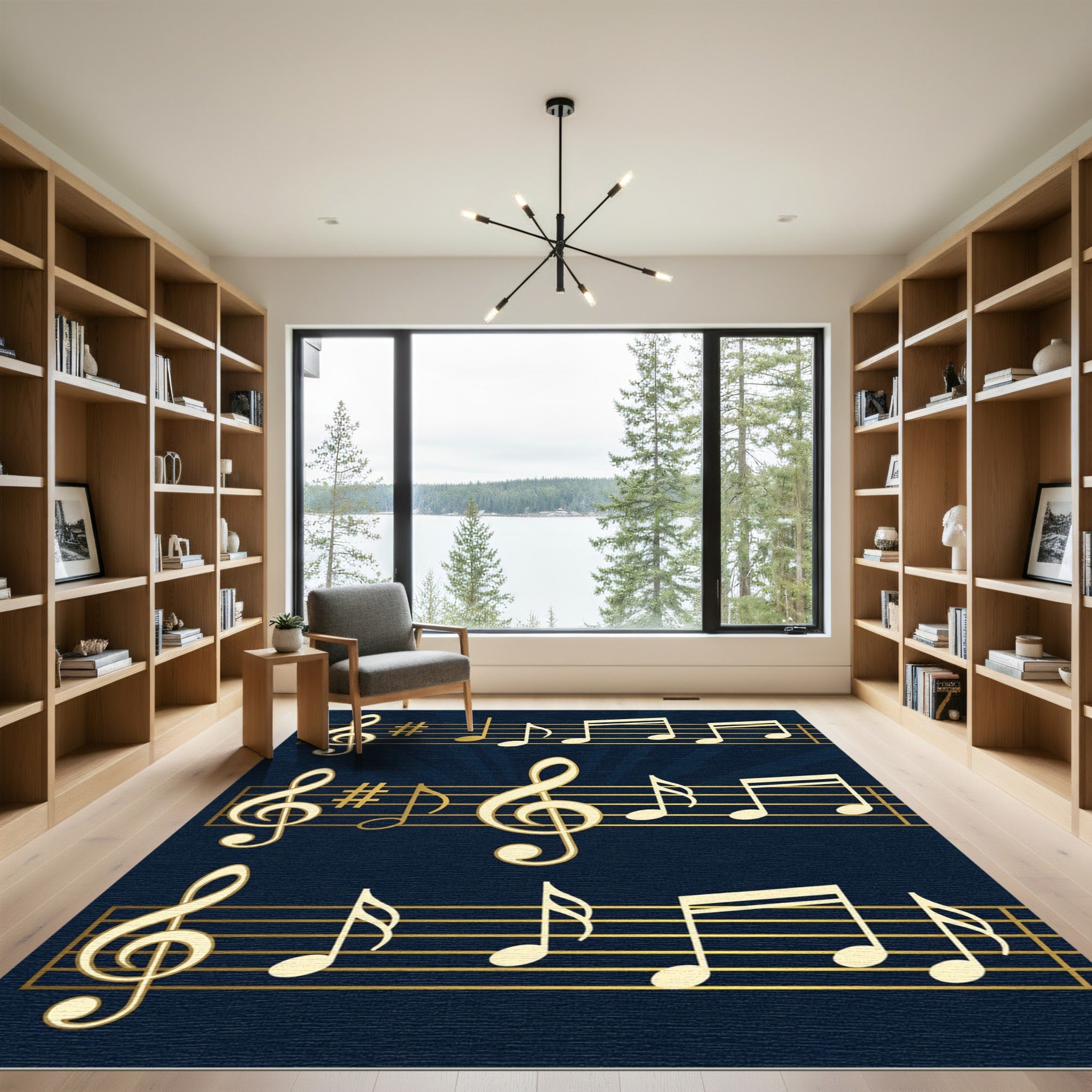 Golden Musical Notes on Navy Blue Rug