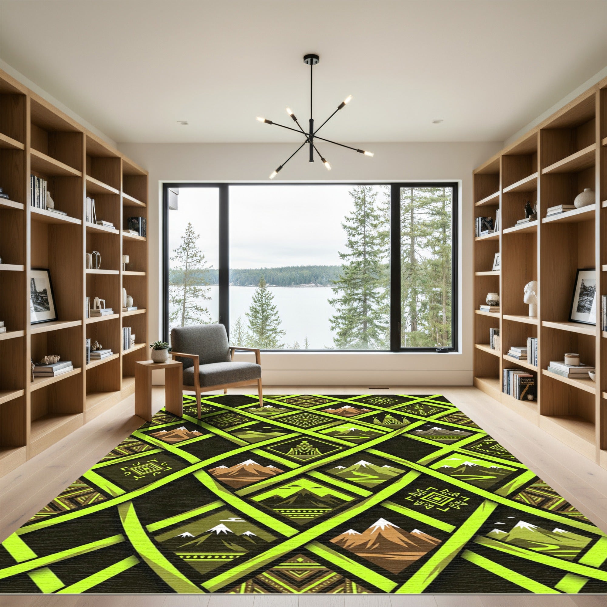 Vibrant Lime Geometric Mountain Landscape Rug