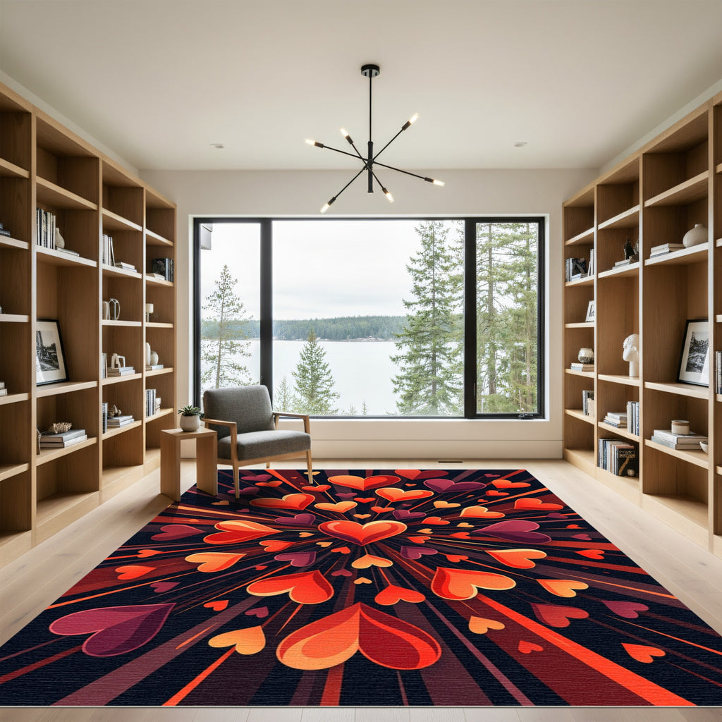 Radiant Crimson Heartburst Abstract Art Rug