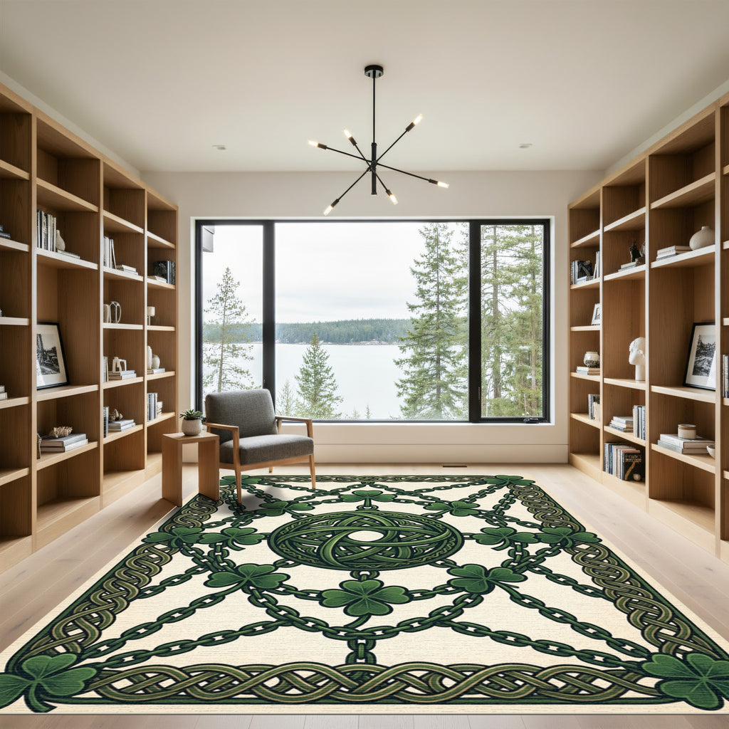 Intricate Celtic Knotwork Emerald Clover Emblem Rug