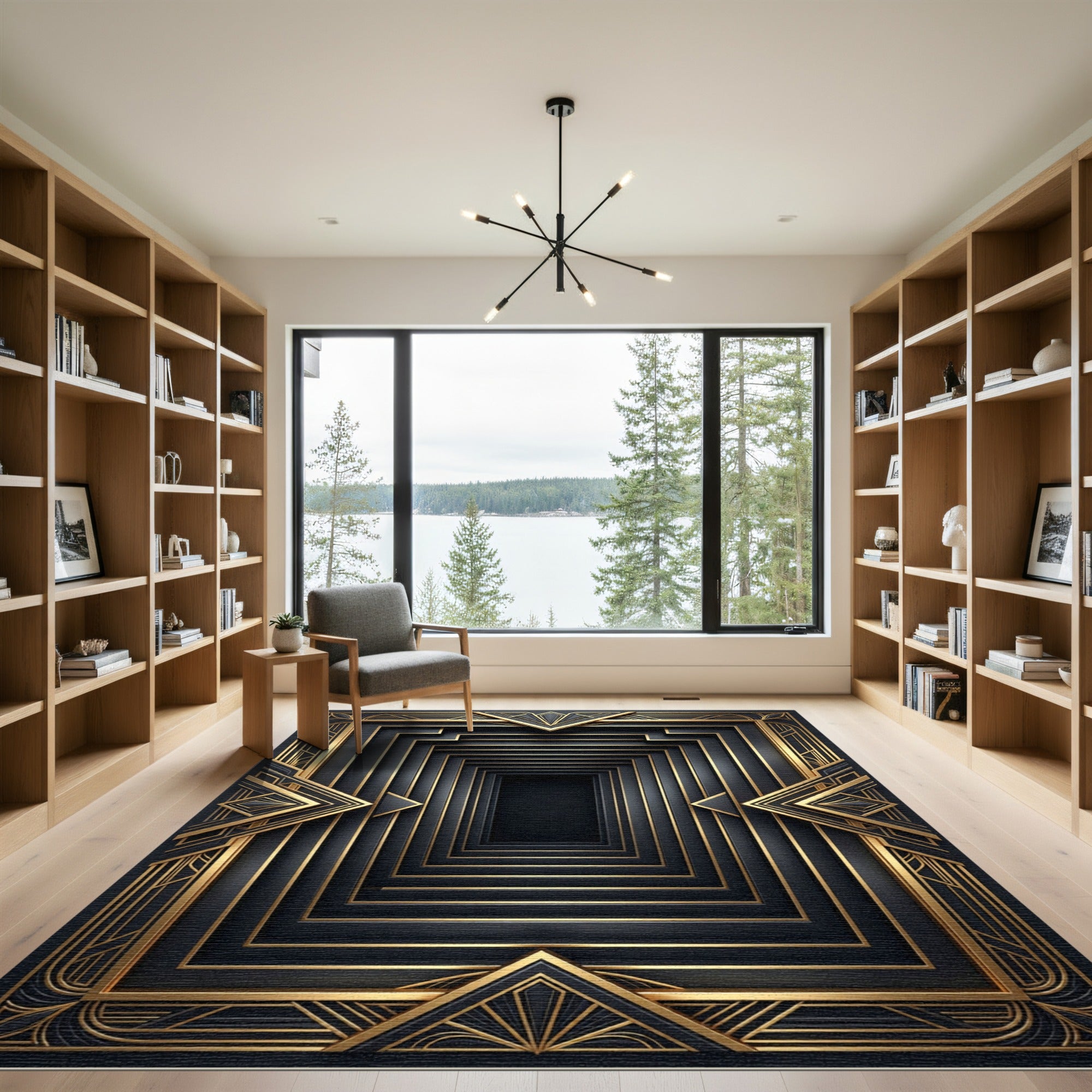 Art Deco Black Gold Geometric Frame Rug