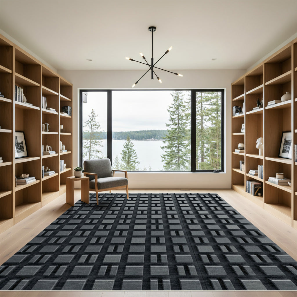Charcoal Three Dimensional Geometric Block Grid Rug
