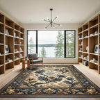 Elegant Gold and Navy Floral Damask Rug