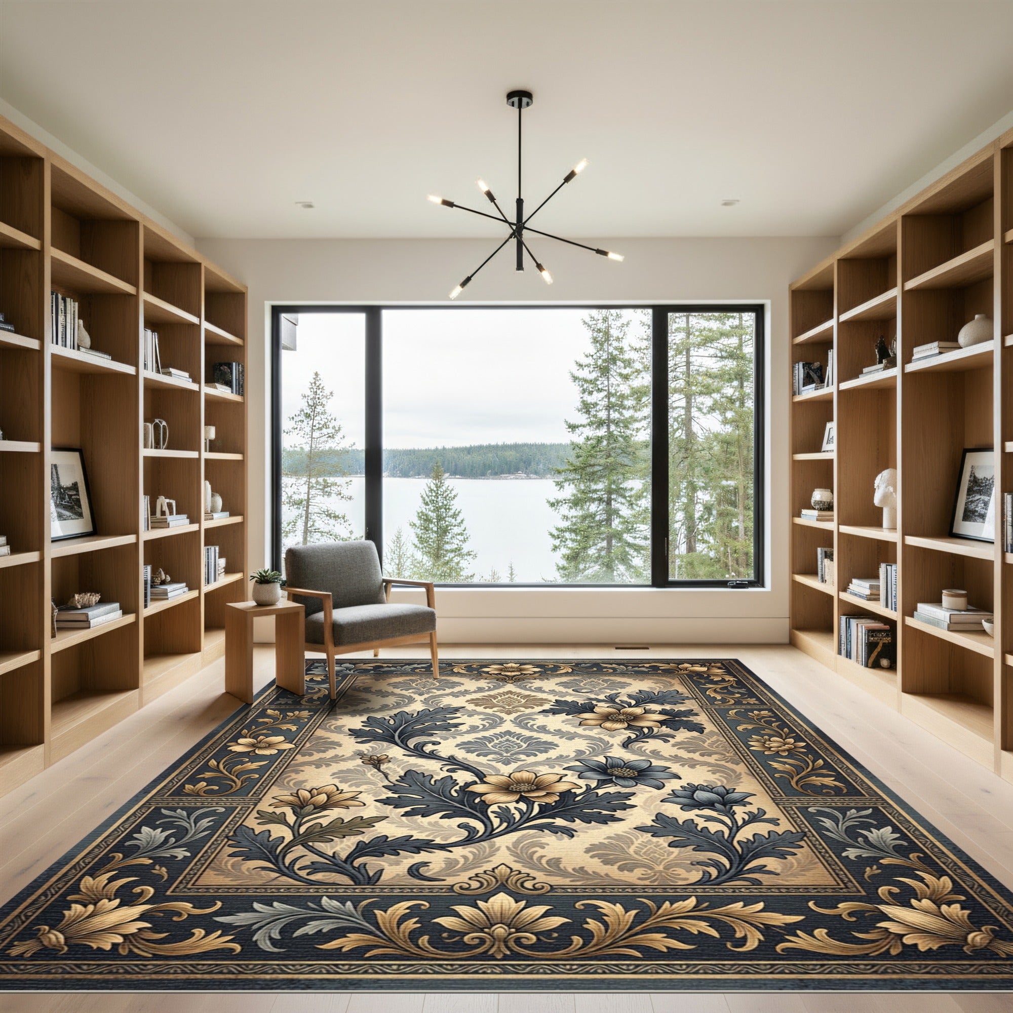 Elegant Gold and Navy Floral Damask Rug