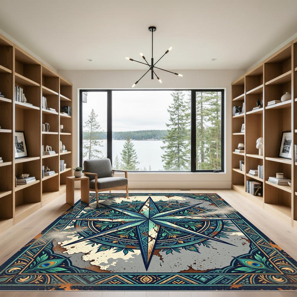 Teal Peacock Compass Medallion Area Rug