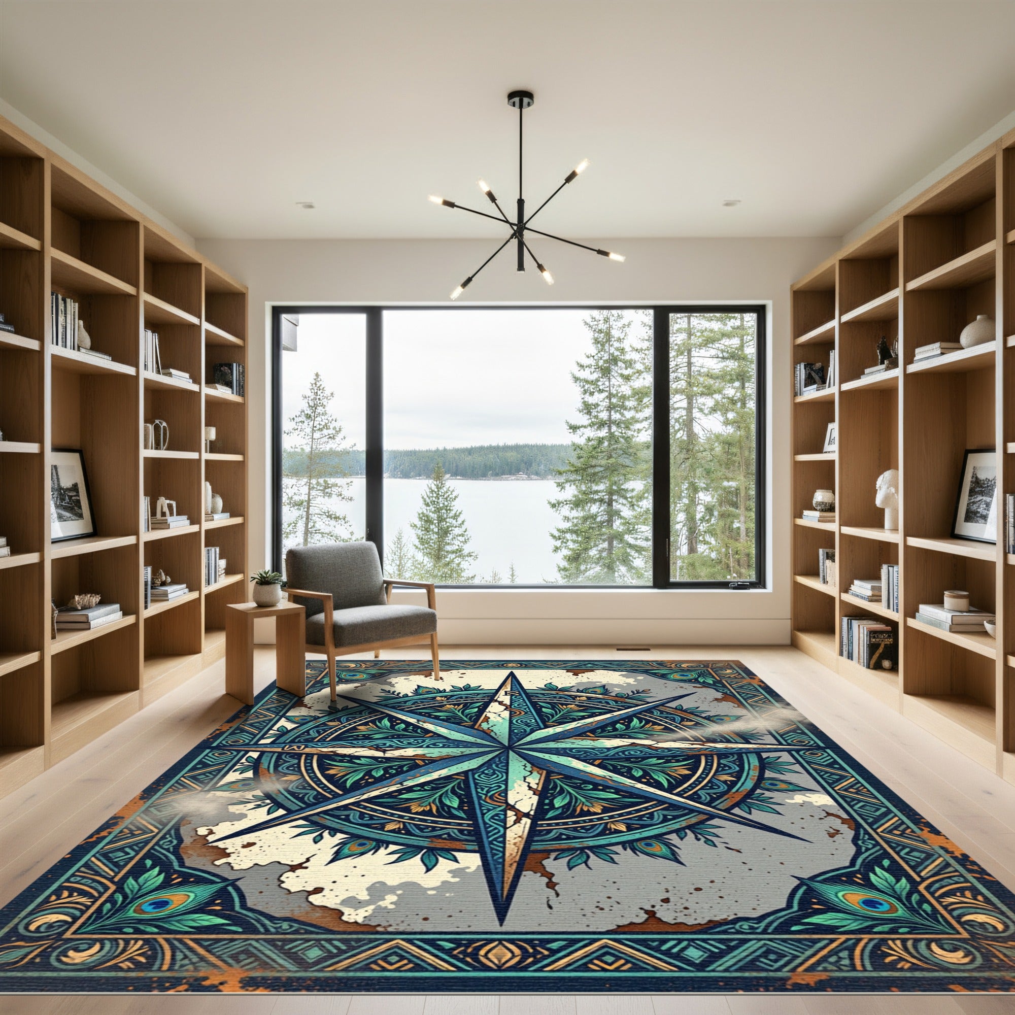 Teal Peacock Compass Medallion Area Rug
