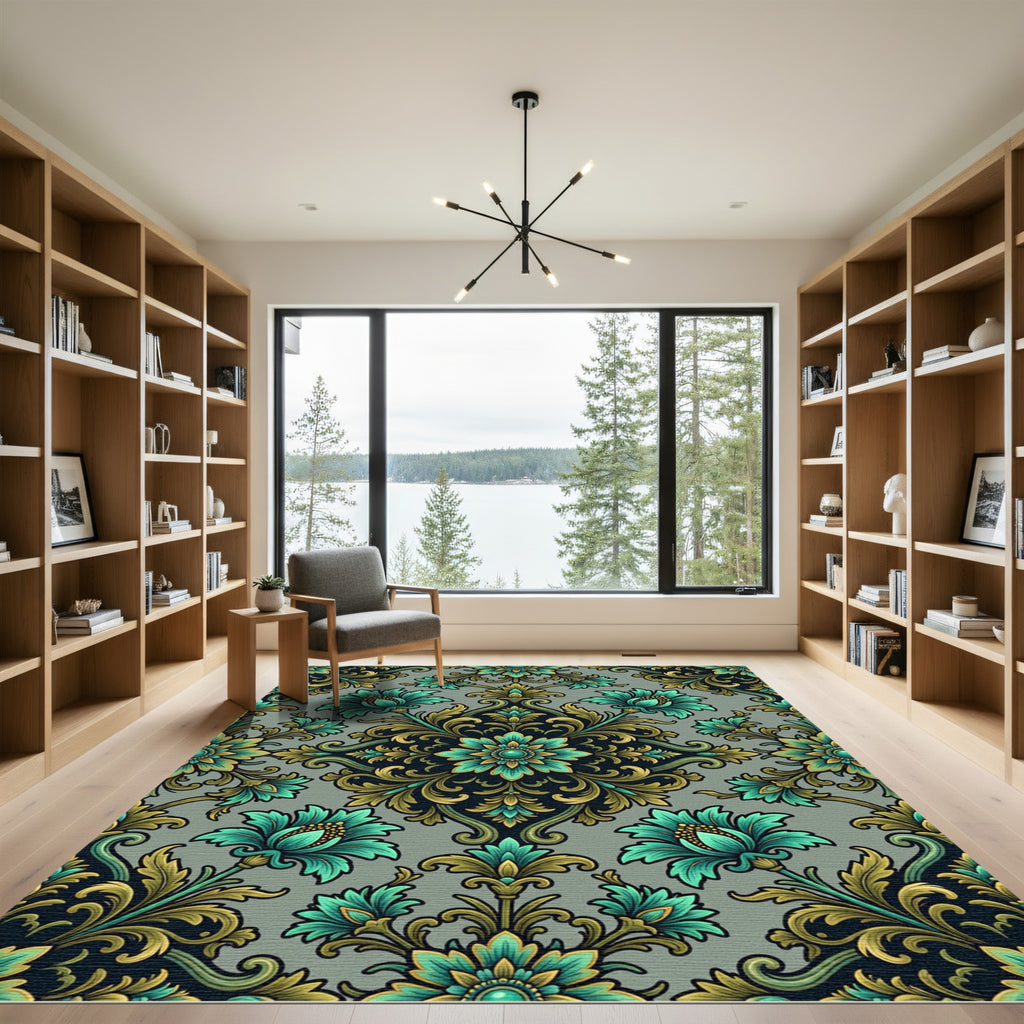 Aqua Gold Floral Damask Rug
