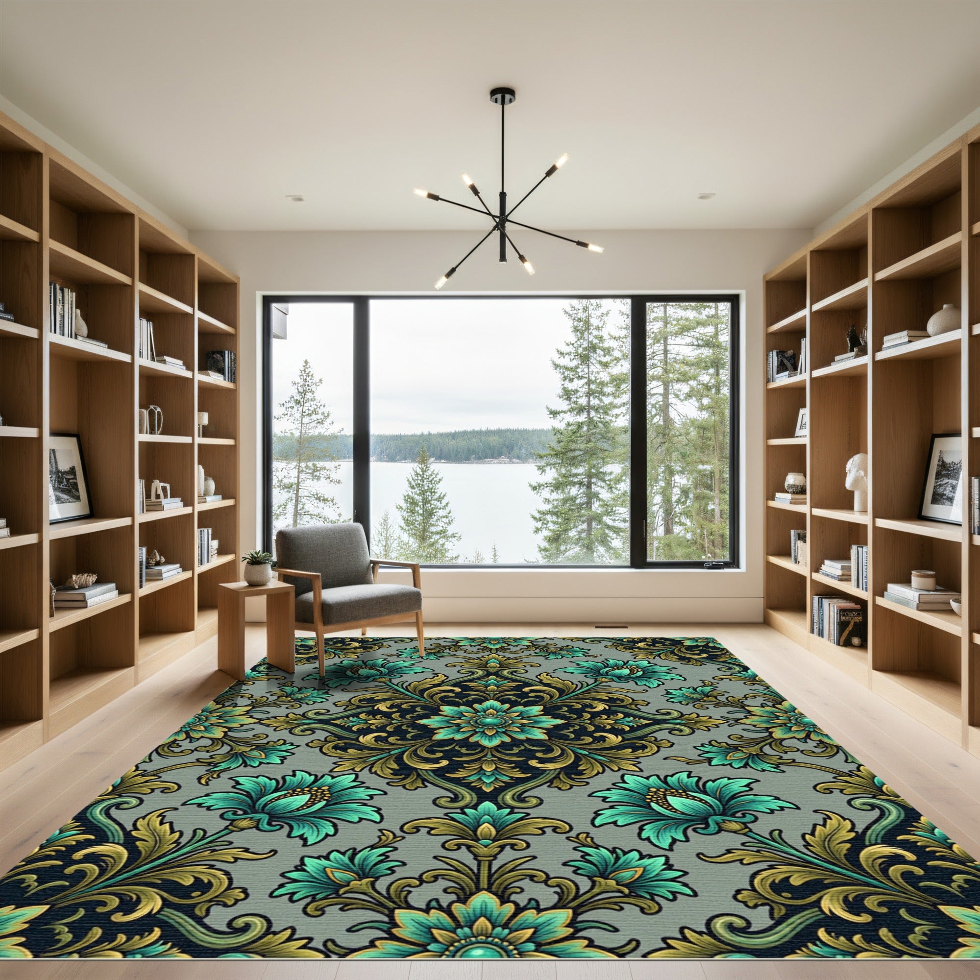 Aqua Gold Floral Damask Rug