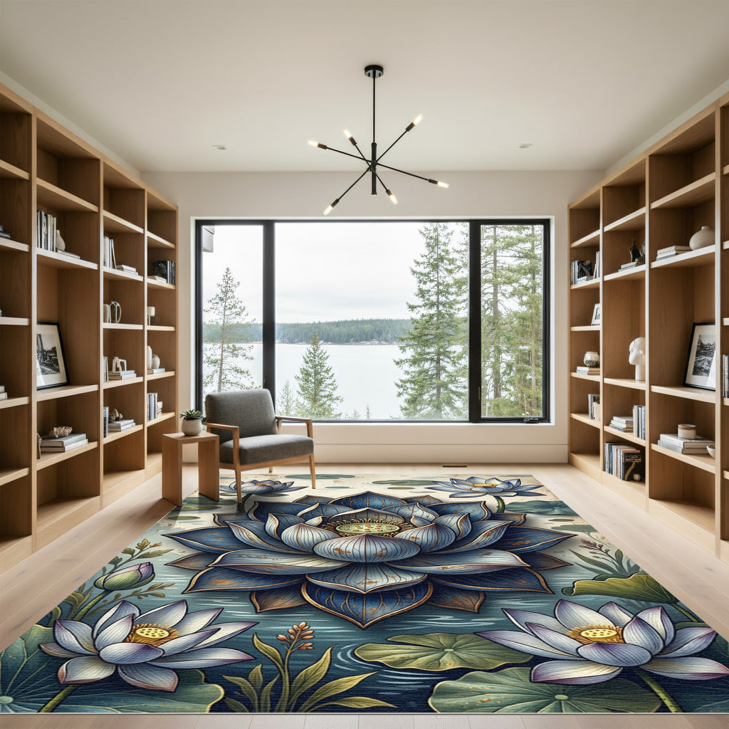 Elegant Blue Lotus Botanical Watercolor Rug