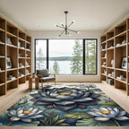 Elegant Blue Lotus Botanical Watercolor Rug