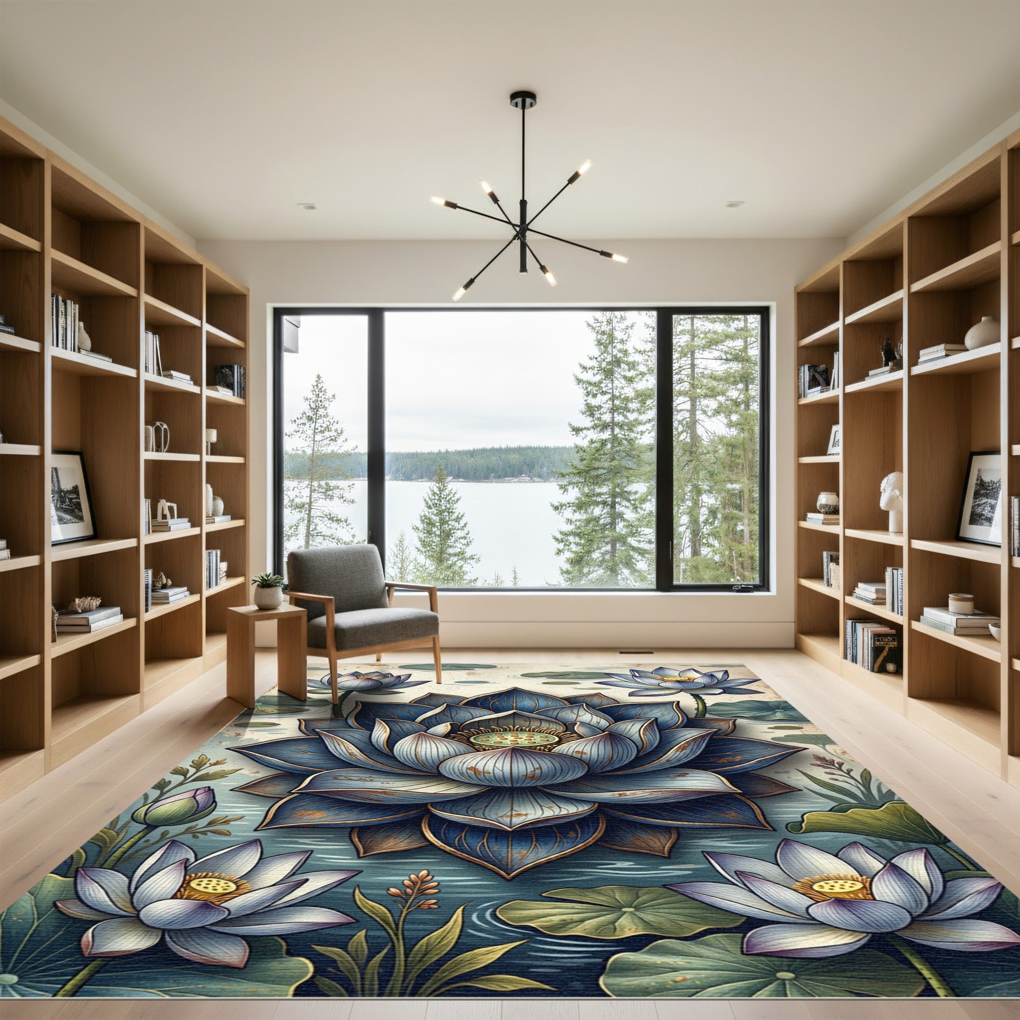 Elegant Blue Lotus Botanical Watercolor Rug