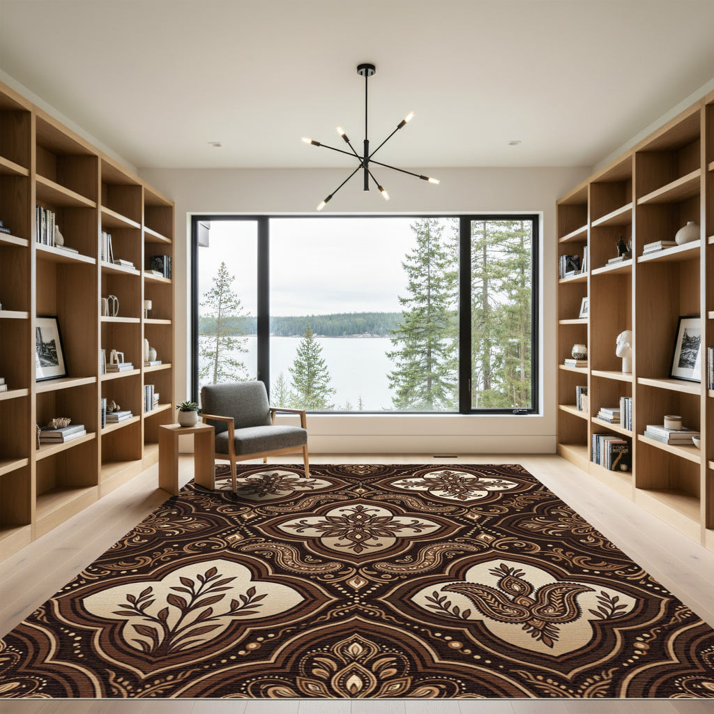 Elegant Chocolate Floral Damask Medallion Rug