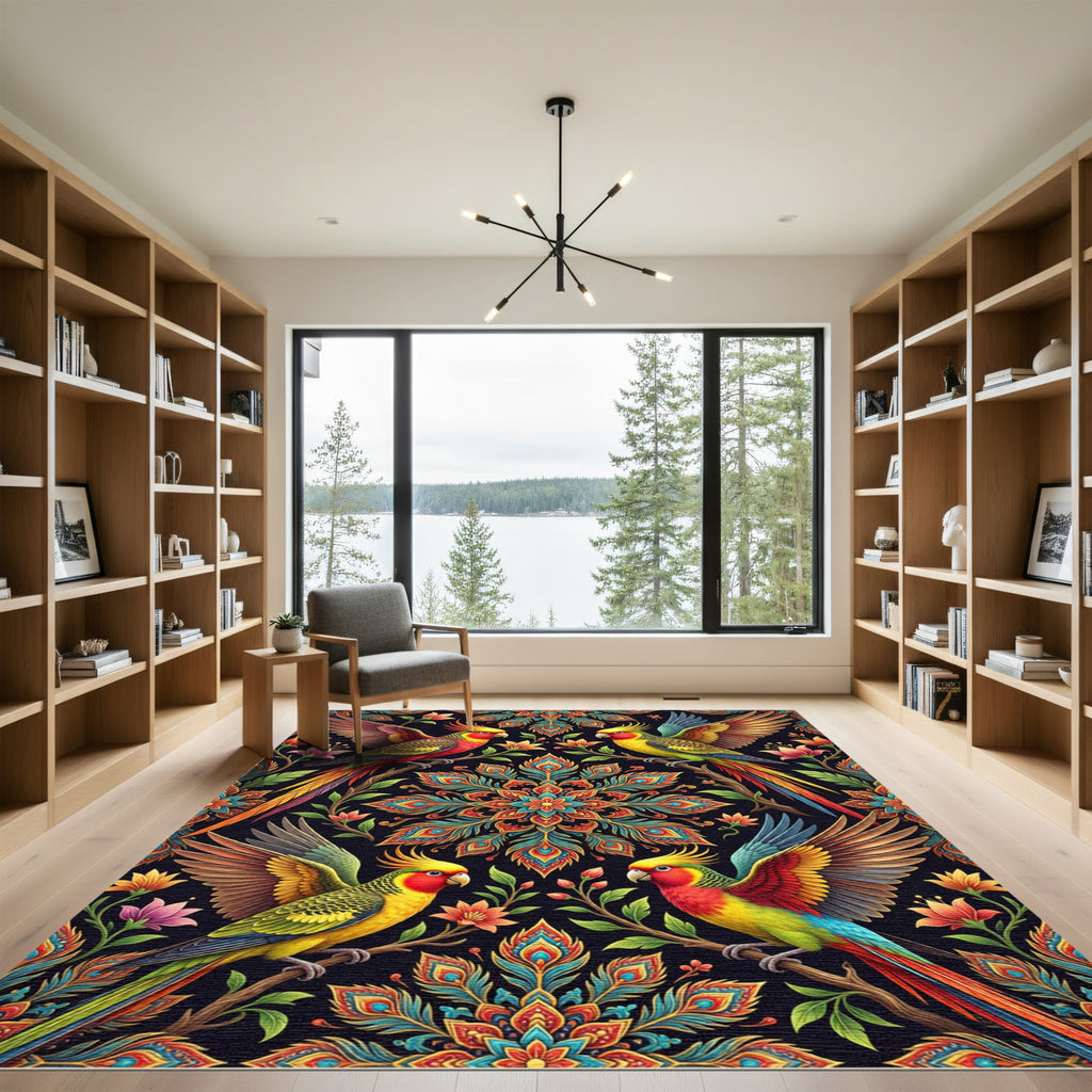 Vibrant Exotic Parrot Mandala Garden Rug