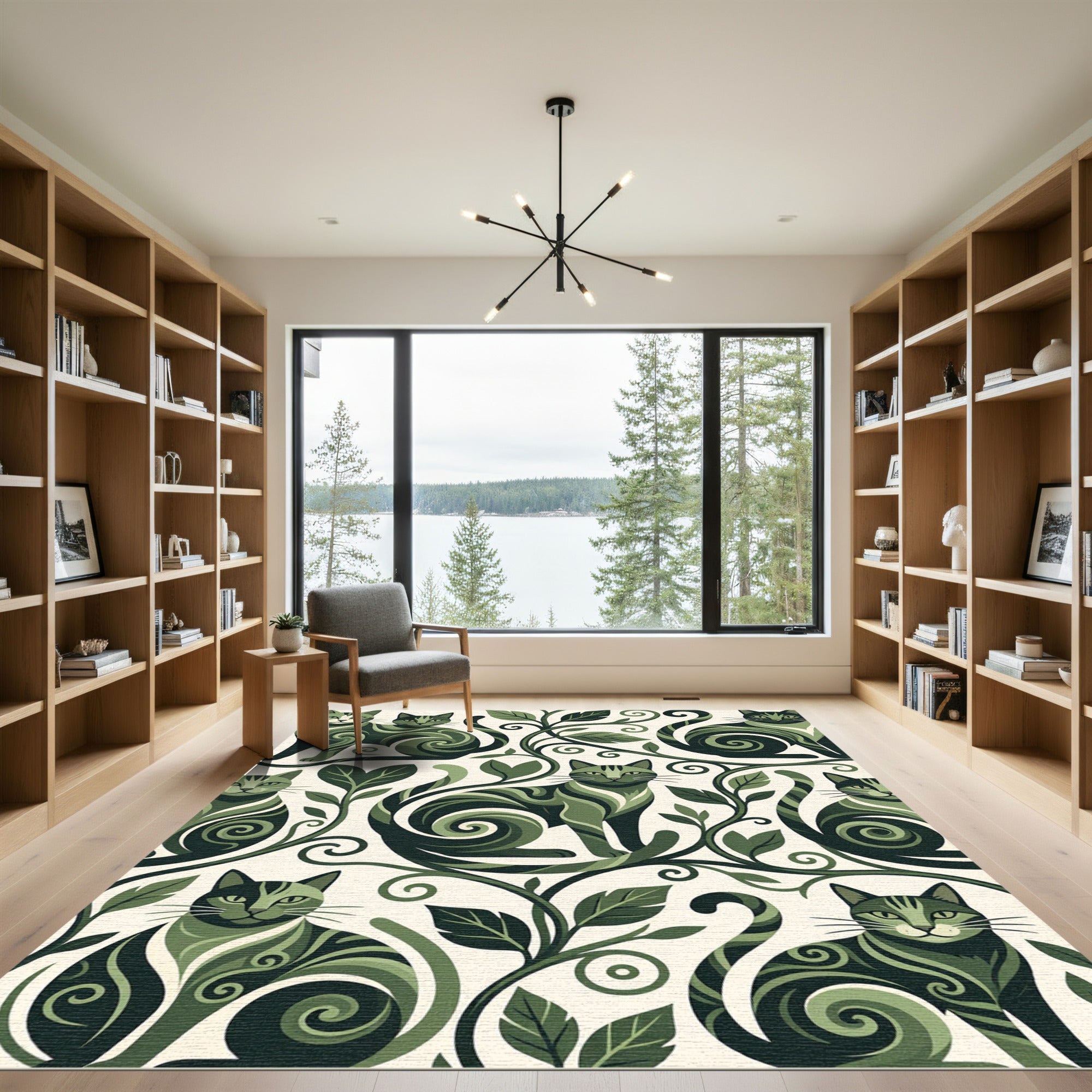 Whimsical Green Feline Foliage Rug